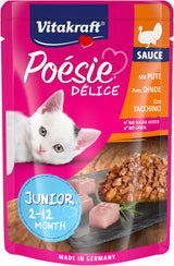 Vitakraft Poésie Délice, Junior, Våtfoder för katter, Våtfoder i sås, med kalkon, Multipack, för unga katter, Inget tillsatt socker eller spannmål (23 x 85g)