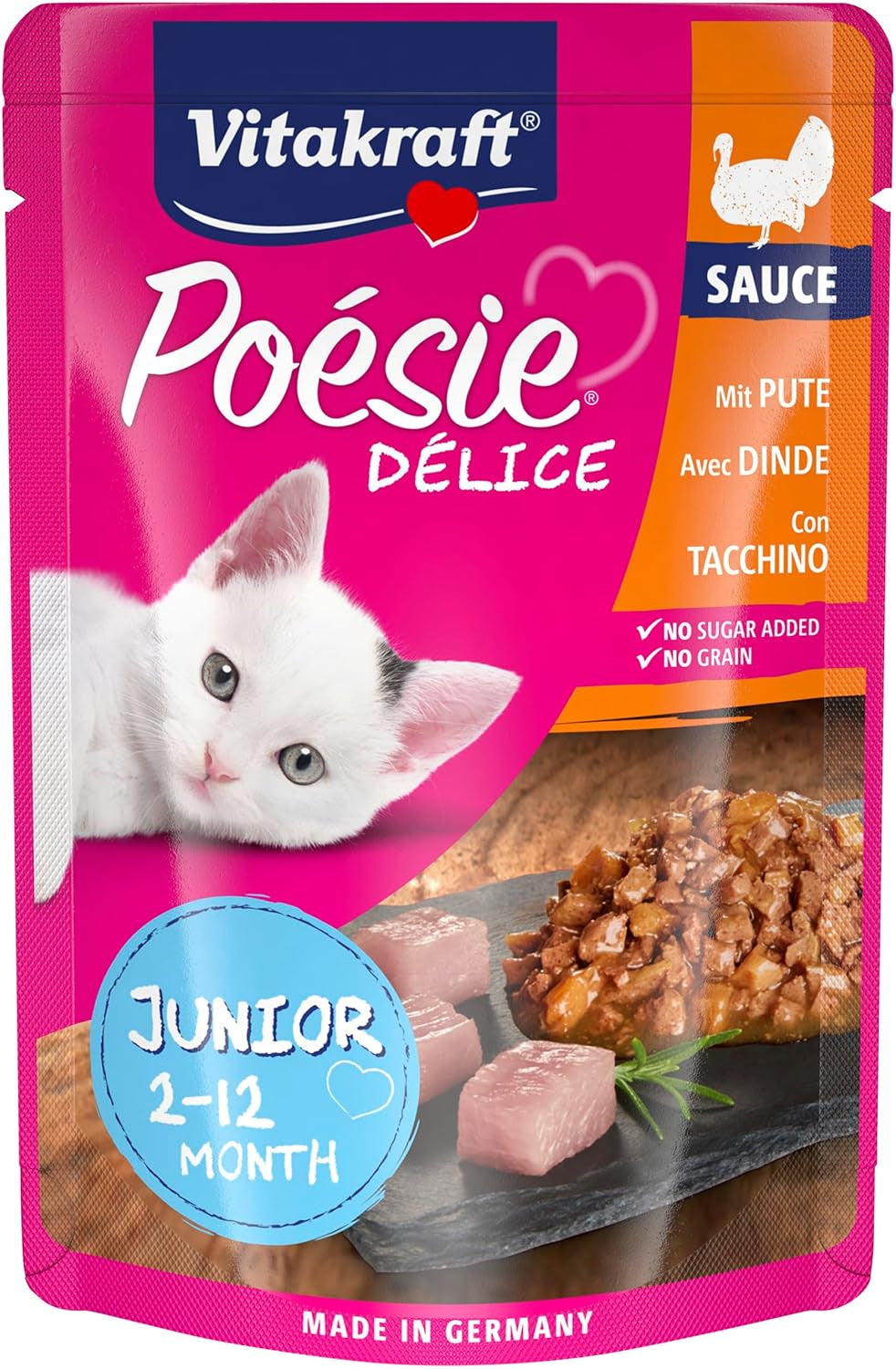 Vitakraft Poésie Délice, Junior, Våtfoder för katter, Våtfoder i sås, med kalkon, Multipack, för unga katter, Inget tillsatt socker eller spannmål (23 x 85g)