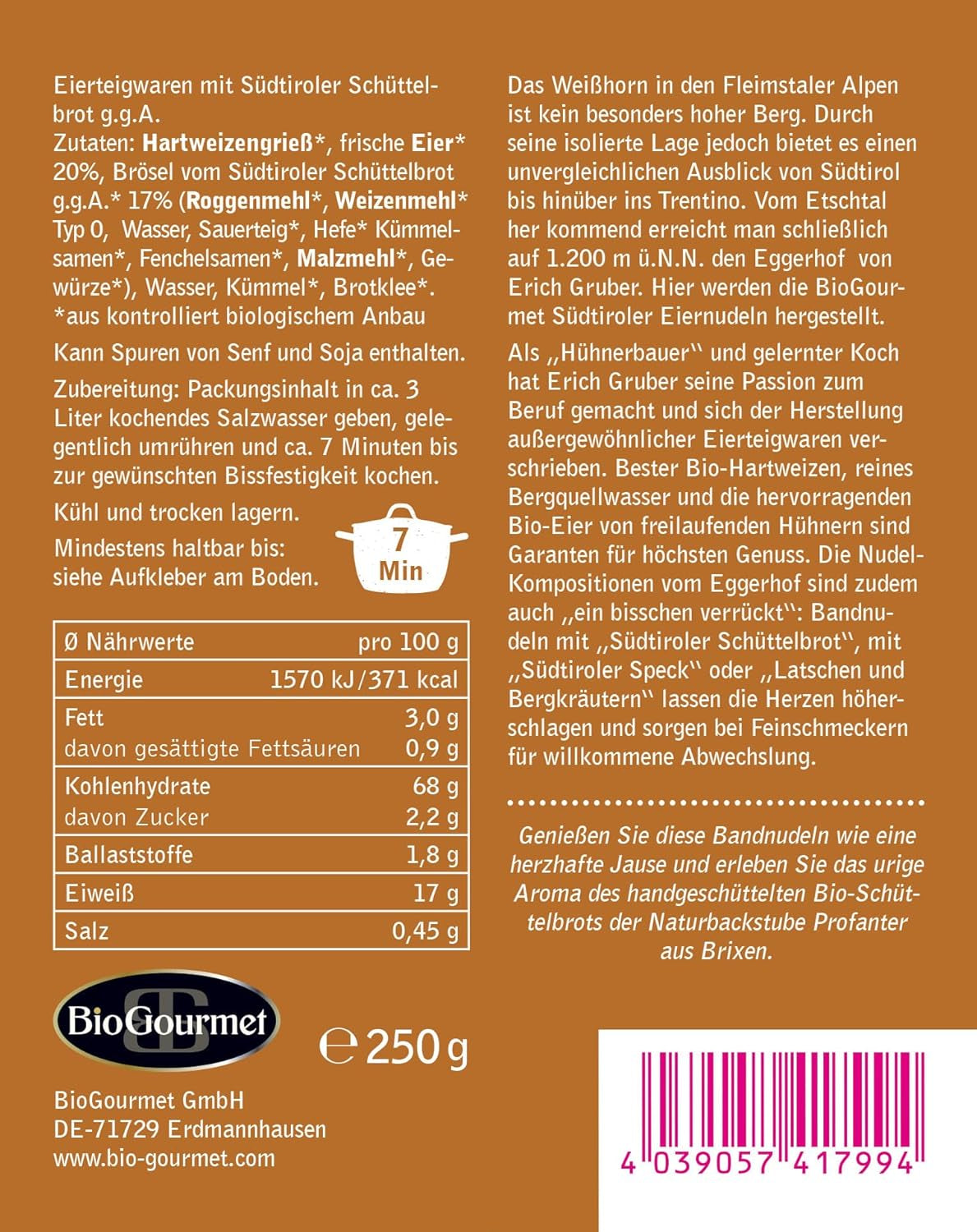 BioGourmet bandnudlar med Schüttelbrot från Sydtyrolen (SGB) | Salta och smaksatta äggnudlar med äkta prick från Sydtyrolen | 1 x 250g Bio
