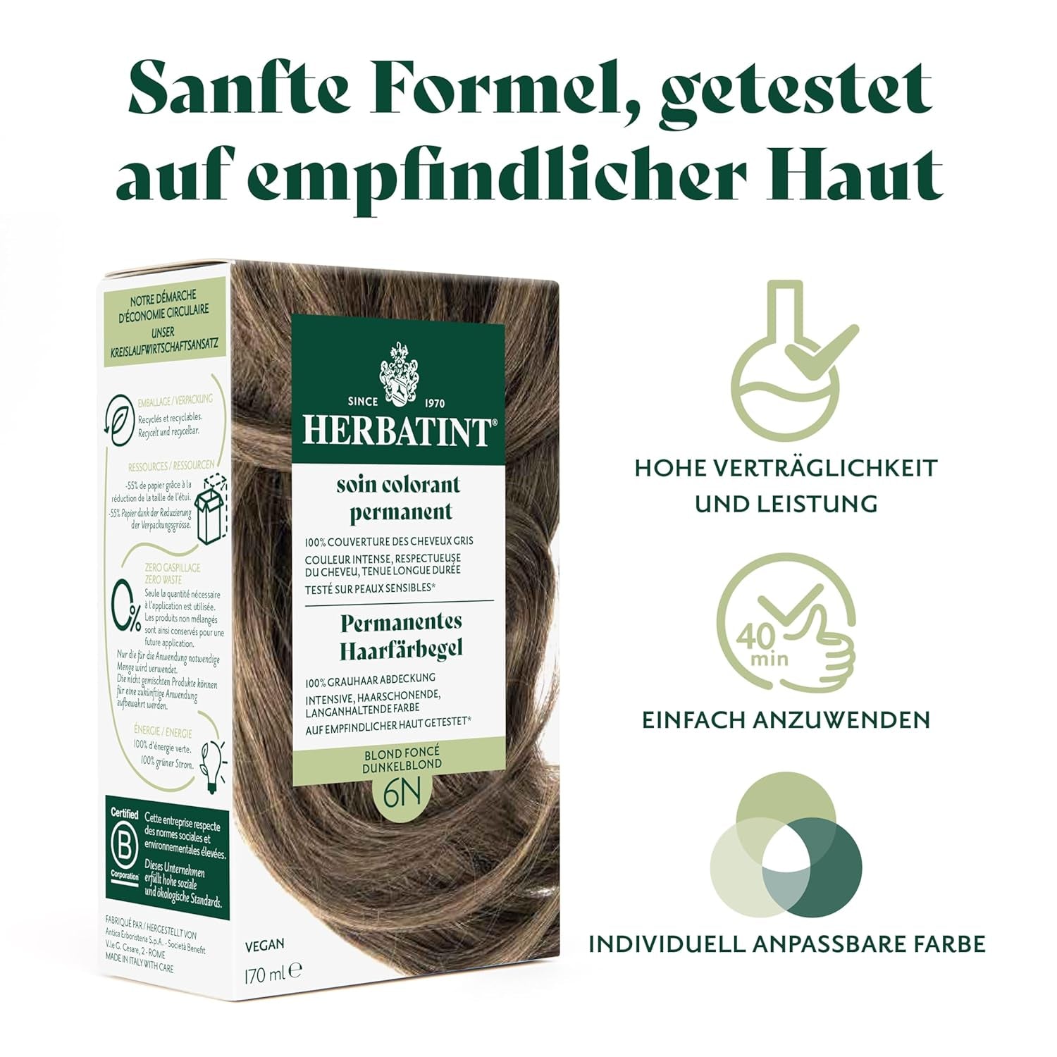 Permanent hårfärgningsgel 6N mörkblond - 170 ml I Ammoniakfri, 100 % täckning av grått hår I Testad på känslig hud, med 8 växtextrakt Hårfärgning Naty Shop
