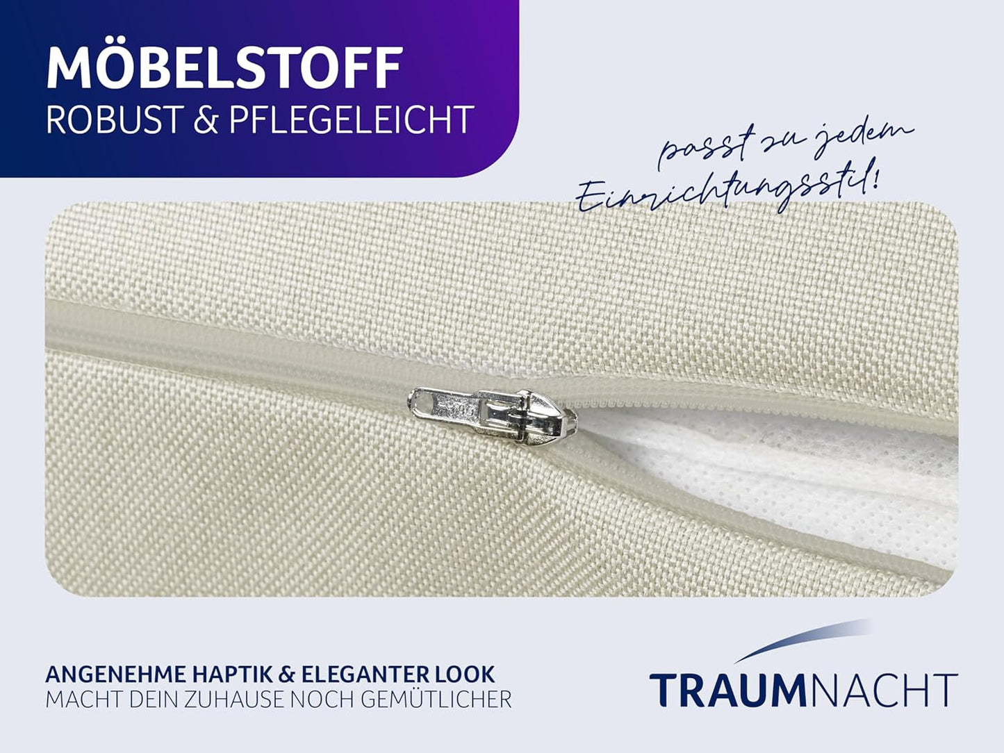 Traumnacht Cosy Ryggkudde, läskudde, 70 x 40 cm beige, avtagbart och tvättbart överdrag av 100 % polyester, praktisk sidficka, Oeko-Tex certifierad, tillverkad enligt tyska kvalitetsstandarder
