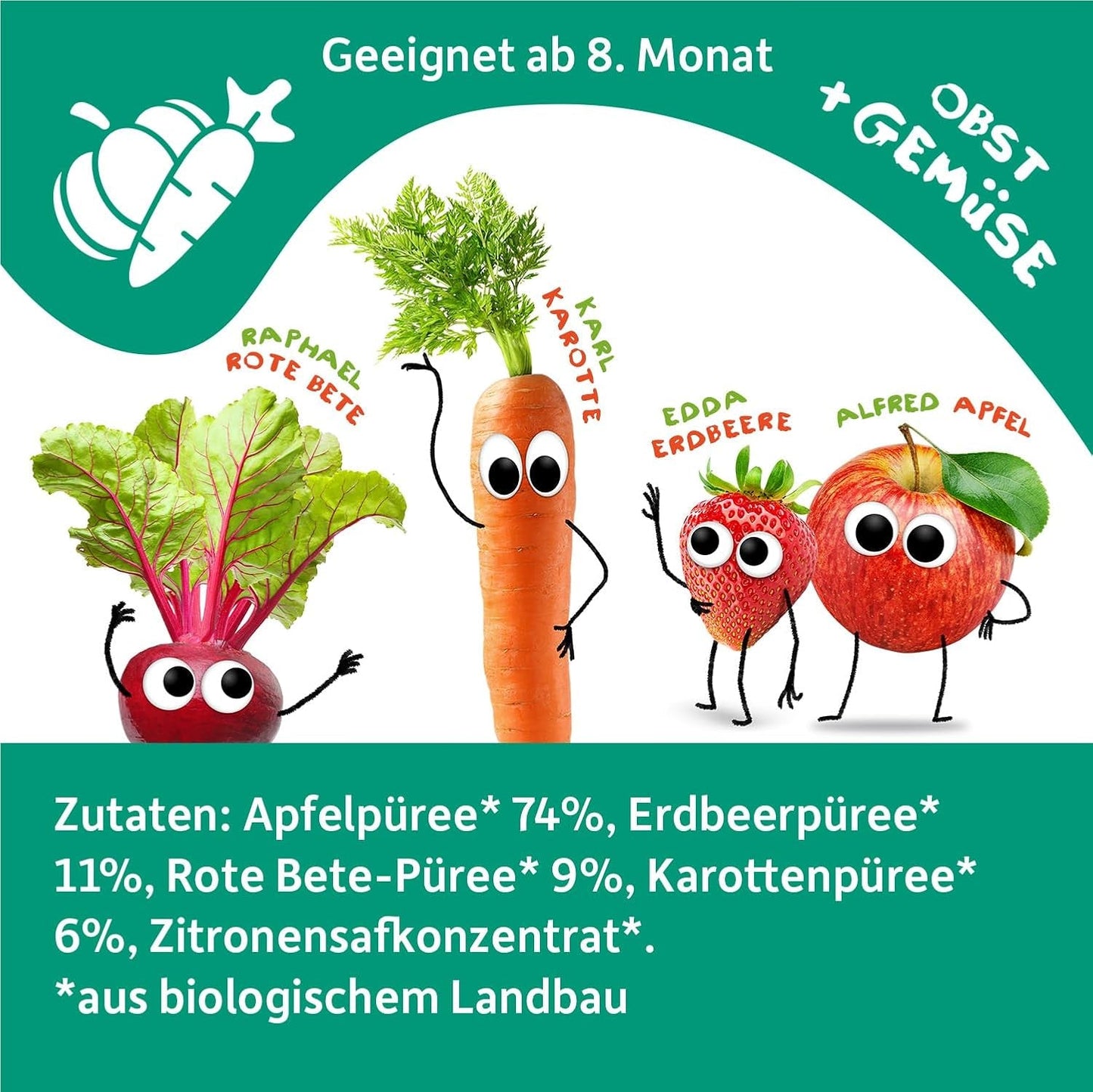 FRECHE FREUNDE Ekologisk pressbar fruktpåse med äpplen, jordgubbar, rödbetor och morot, frukt- och grönsakspuré i en pressbar påse för spädbarn från 6 månader, vegansk, 6-pack (6 x 100 g)