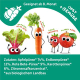 FRECHE FREUNDE Ekologisk pressbar fruktpåse med äpplen, jordgubbar, rödbetor och morot, frukt- och grönsakspuré i en pressbar påse för spädbarn från 6 månader, vegansk, 6-pack (6 x 100 g)