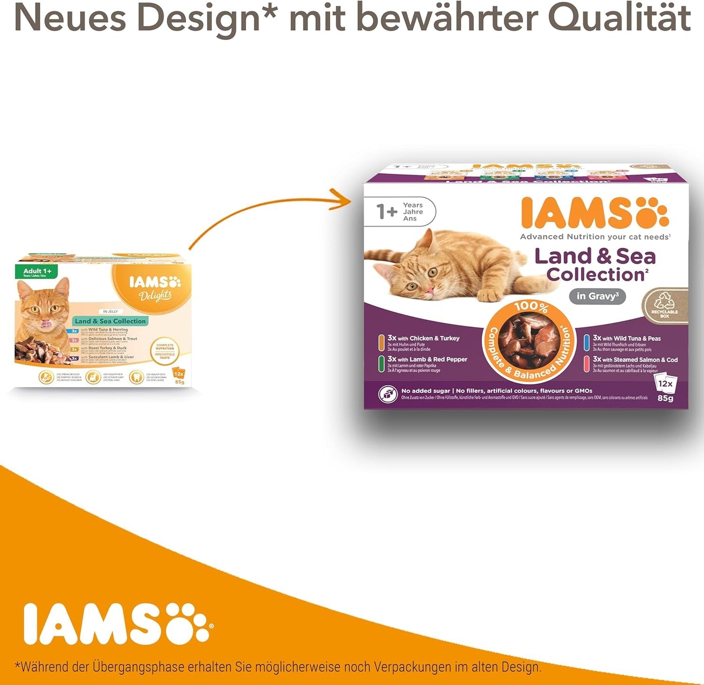 IAMS Delights Land & Sea Collection Wet Cat Food - Kött & Fisksortiment Multipack i sås, våtfoder för katter från 1 år, 72 x 85g