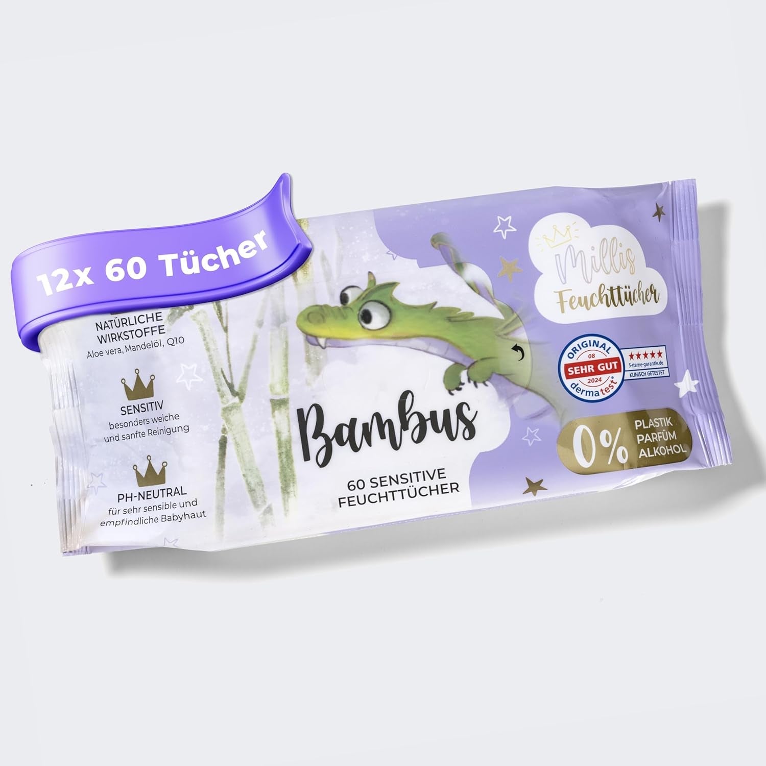 Millis Bamboo Baby Sensitive våtservetter för ömtålig babyhud - 5 x 60 stycken - Naturlig, skonsam och hållbar rengöring - Biologiskt nedbrytbara babyservetter, plastfria och alkoholfria