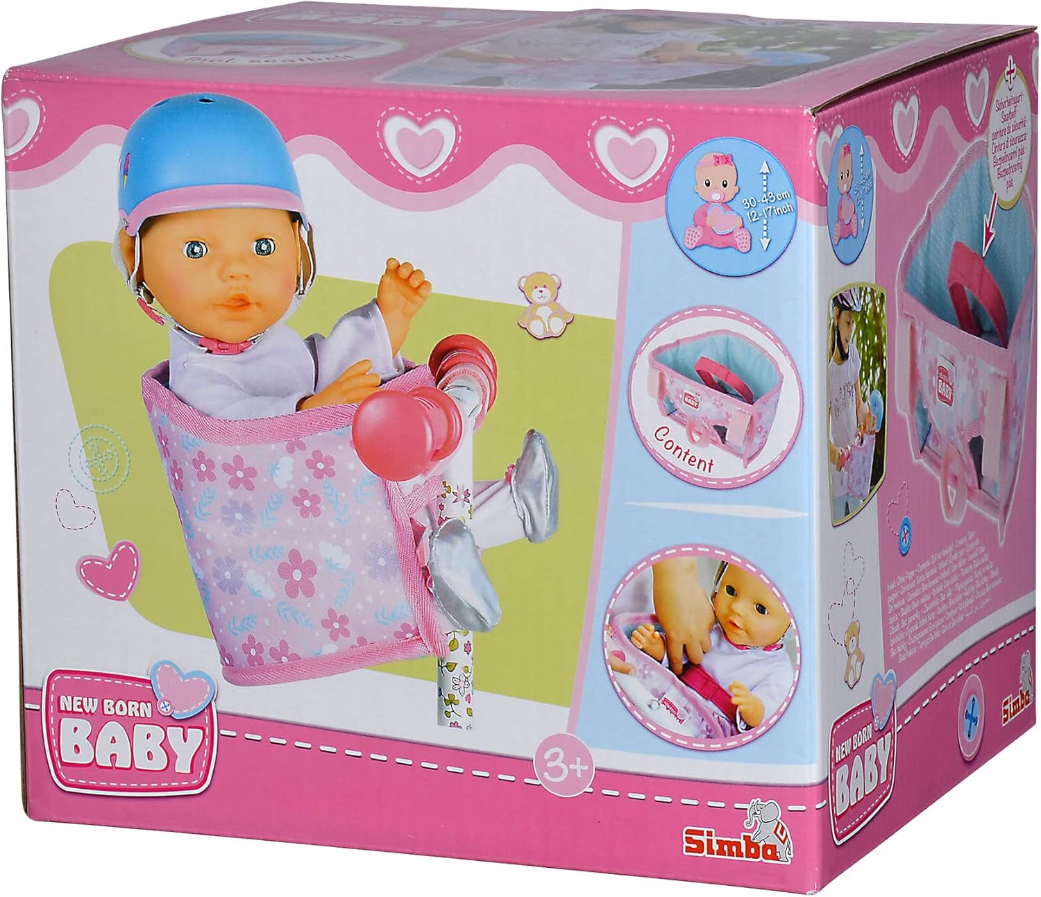 Simba 105560018 - Nyfödd cykelsits med bälte, docktillbehör, tygsits, säkerhetsbälte, kardborrstyre, för 30-43 cm dockor, 3+
