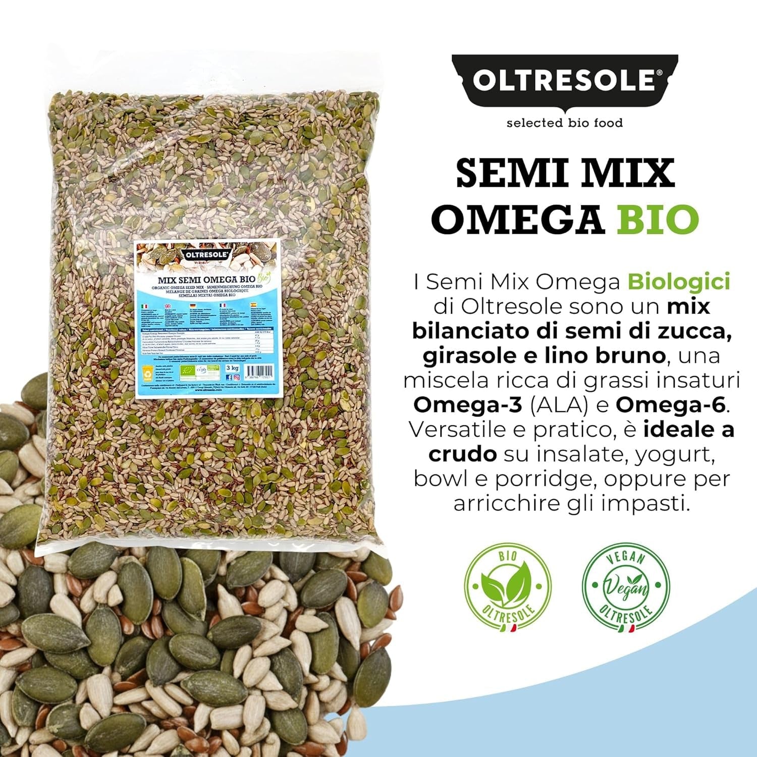 Ekologisk Omega Seed Mix 3 kg (blandning av pumpa, solros och linfrön), en blandning av 3 hela råa oljefrön, rika på protein, fibrer och omega-3 fettsyror