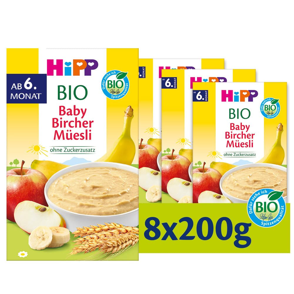 HiPP Ekologisk Baby Bircher Müsli (8 x 250g), från 6 månader, utan tillsatt socker, extra möra flingor - lättsmält frukost av bästa ekologiska kvalitet