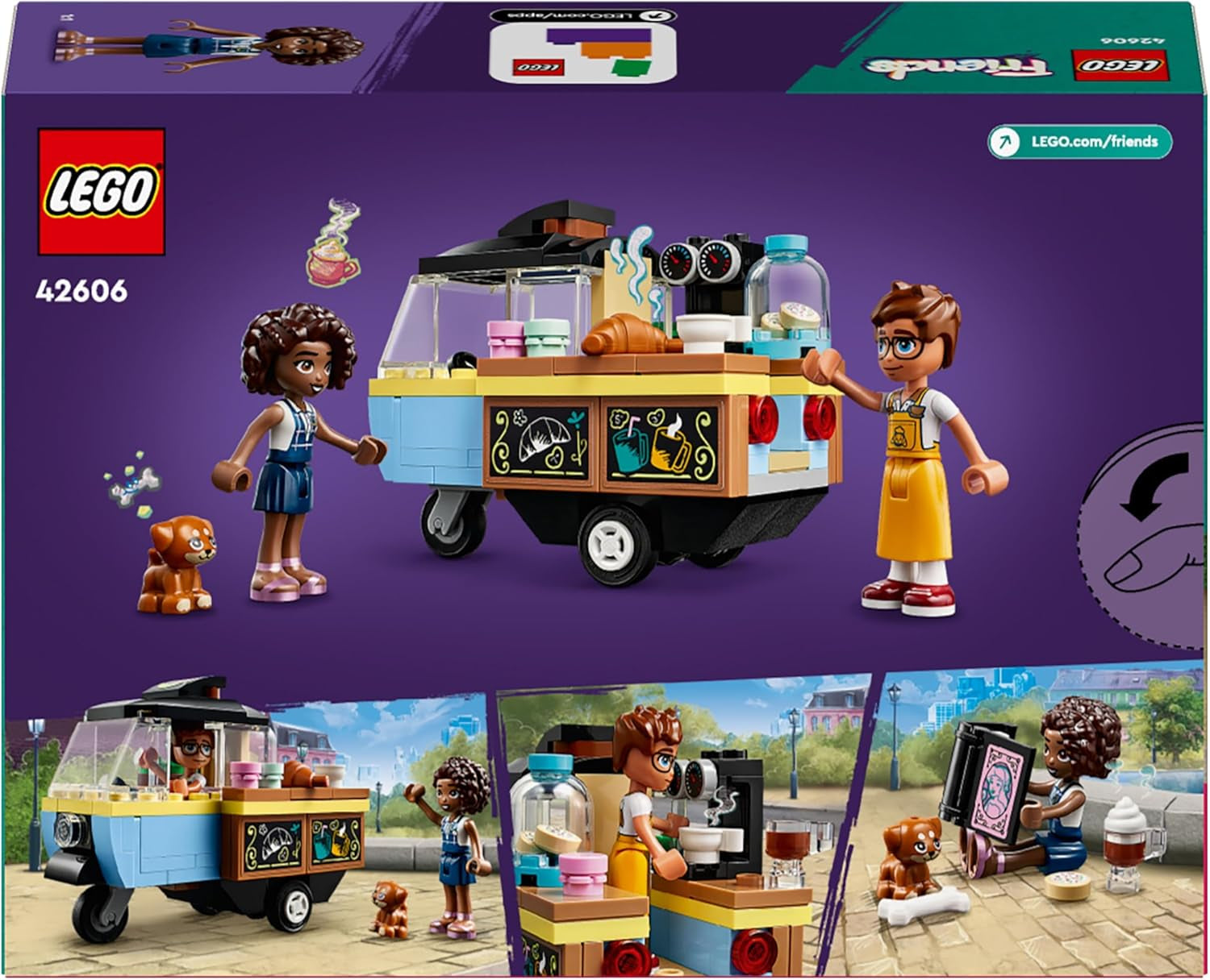 LEGO Friends Rolling Café Liten bakleksak för barn, present till flickor och pojkar 6 år, pedagogisk leksak med Aliya, Jules och Aira the Dog 42606 Byggset Beuche den LEGO-Store