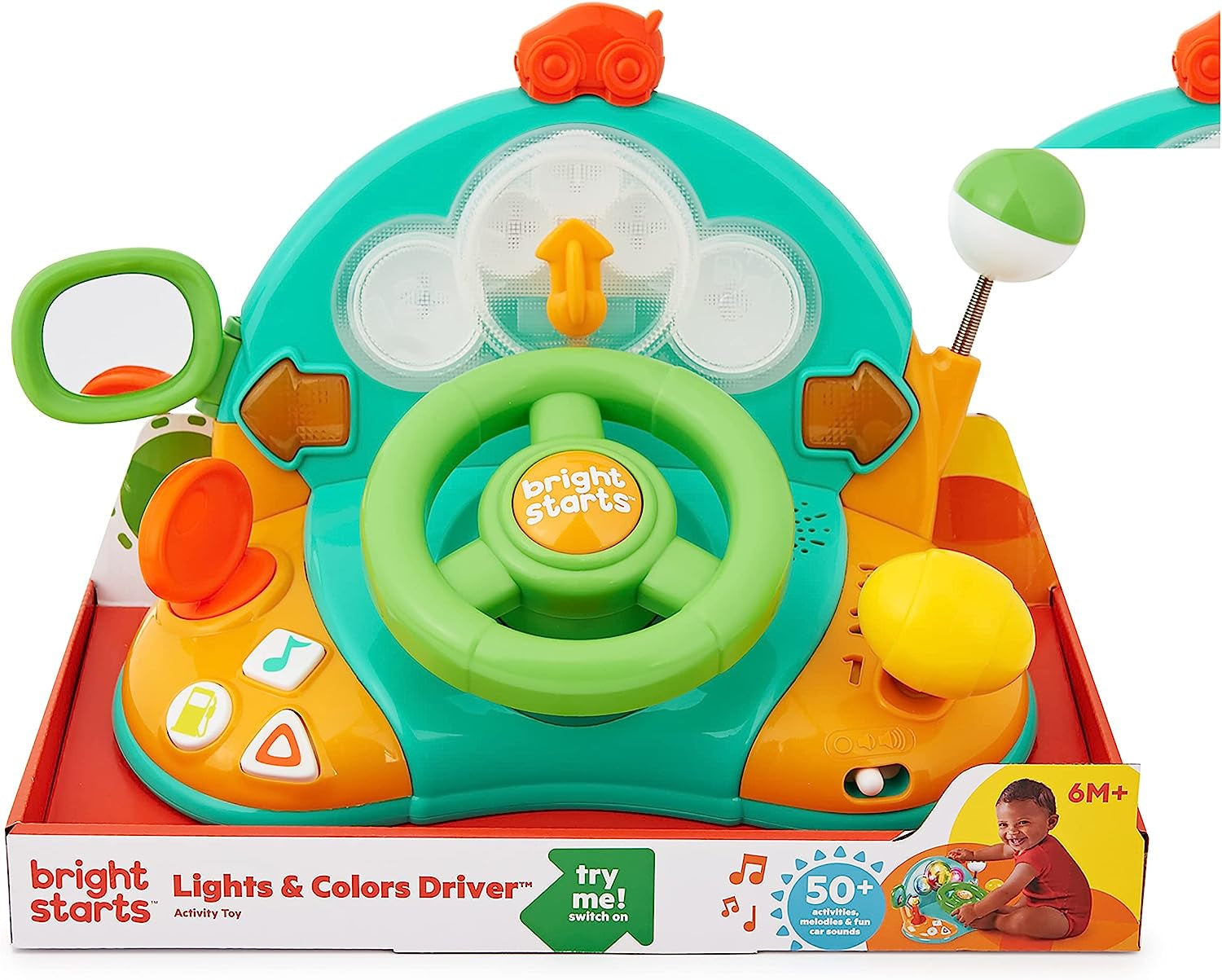 Bright Starts, leksaksratt, Lights & Colors Driver, med musik, billjud, blinkers, växelspak och mer Bebe Naty Shop Toys