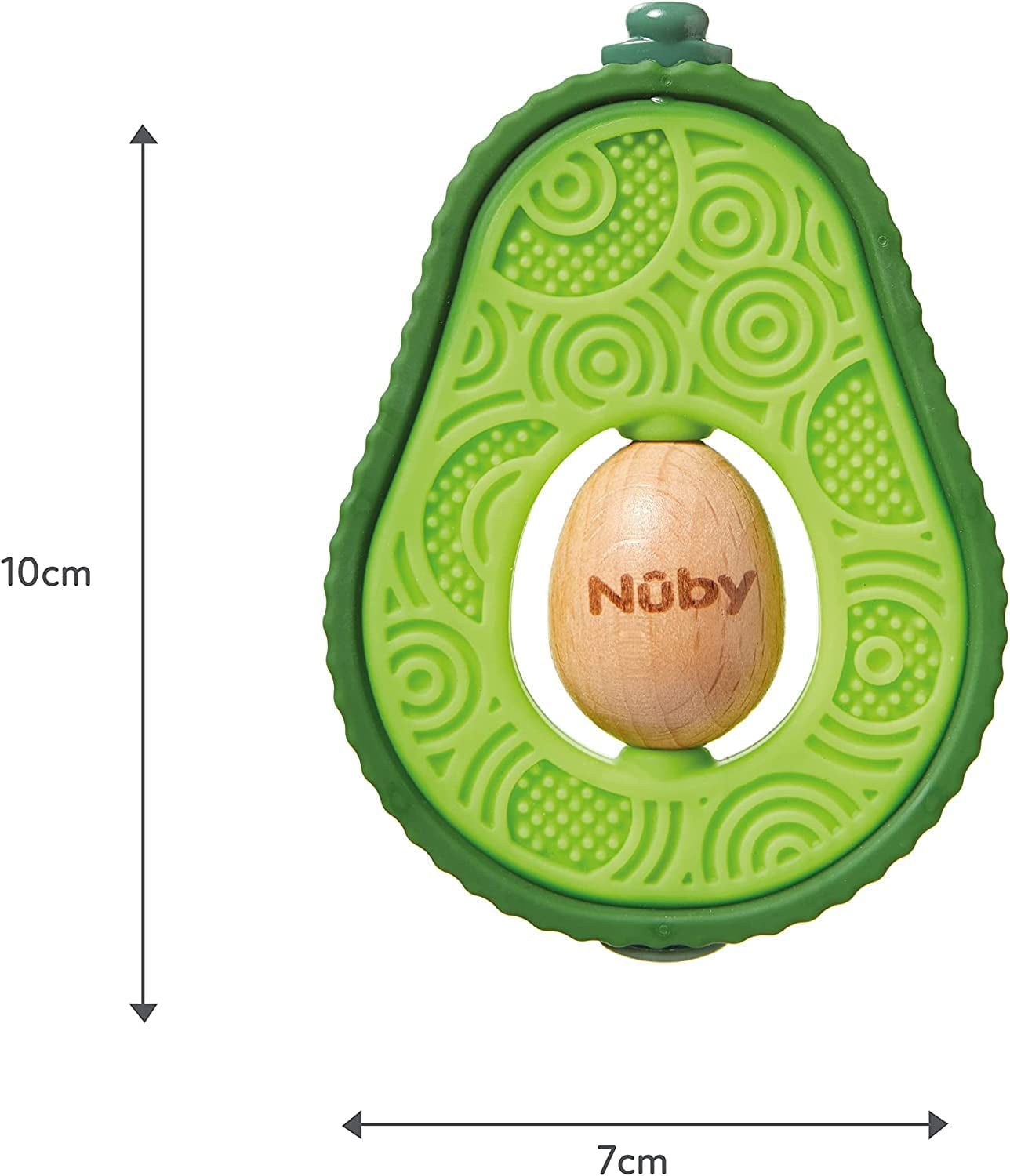 Nuby - Avokado-bitring - Silikon- och träbitringleksak - Roterande träkärna - Bandleksak för spädbarn och småbarn - Bindningshjälp - BPA-fri - 6+ månader