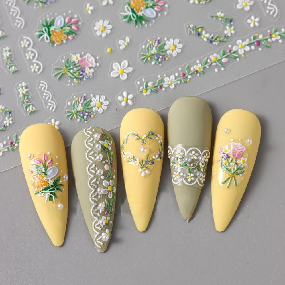 5st Geprägte Gänseblümchen Nagelsticker Selbstklebend Blumen Nagelaufkleber Gänseblümchen Schmetterling Nagel Sticker Nageldesign Aufkleber Nägel Zubehör Blume Nail Sticker Flower Nail Art Stickers