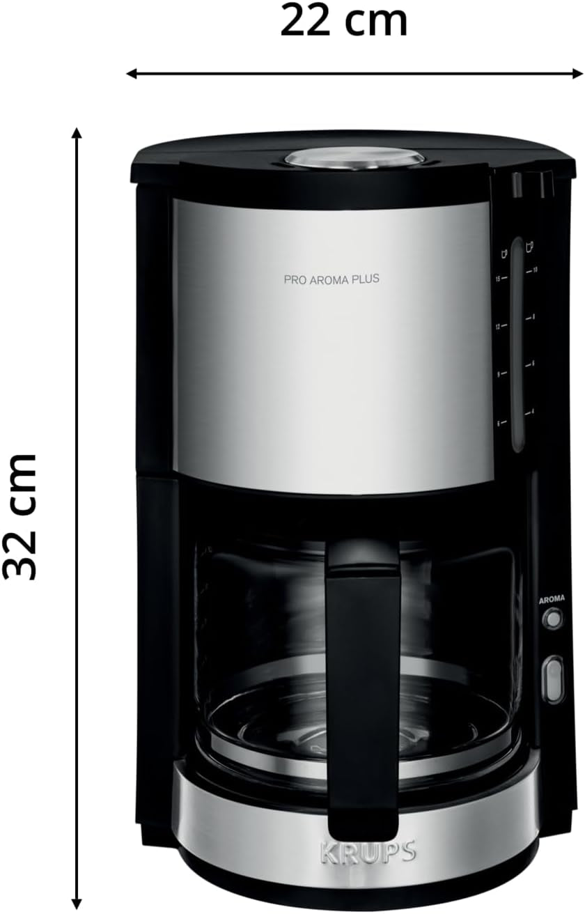 Krups KM3210 Pro Aroma Plus Espressomaskin, 10 koppar, 1,25 L, Håll värmen i 30 minuter, Synligt vattennivåfönster, Anti-droppsystem, Svart med applikationer i rostfritt stål