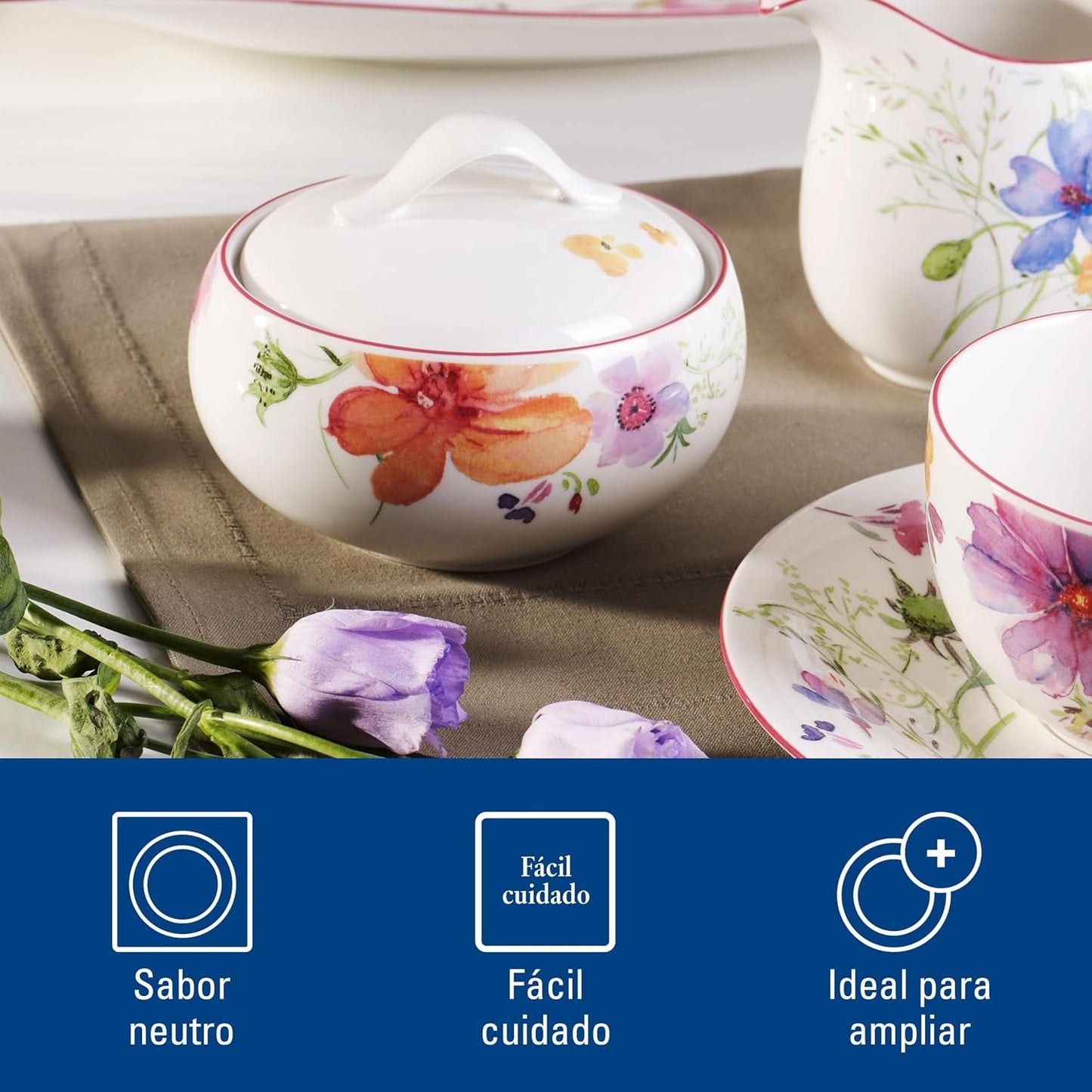 Villeroy & Boch - Mariefleur sockerskål, olika färger, diskmaskinssäker, mikrovågssäker, sockerskål med lock, sockerskål, förvaring, kaffetillbehör, blommig servis, premiumporslin