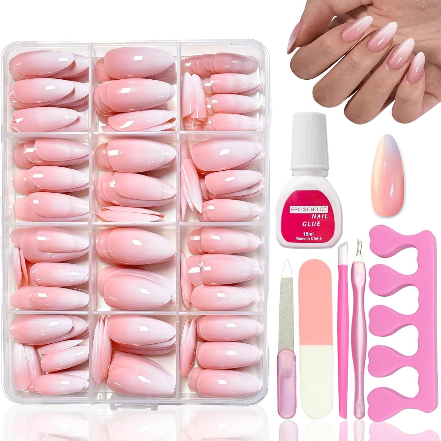 360 delar False Nails Kit - Kort Naken Rosa Vit Gradient False Nails - Fyrkantigt lim på False Nails - Heltäckande glansiga självhäftande naglar för kvinnor och flickor (fyrkantiga)