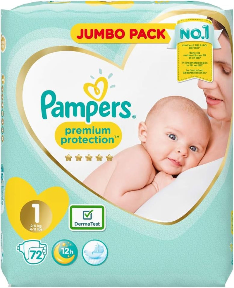 Pampers Premium Protection blöjor för nya bebisar, Jumbopack, storlek 1, 72 st