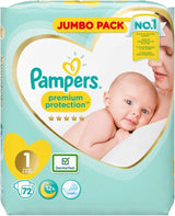 Pampers Premium Protection blöjor för nya bebisar, Jumbopack, storlek 1, 72 st