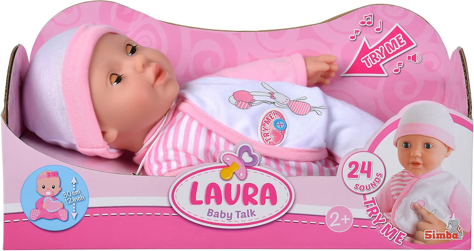 Simba 105140020 - My Love Baby Talk mjuk kroppsdocka med sömniga ögon i söt klänning Ger 24 babyljud 30 cm babydocka från 2 år Vita Rosa dockor Naty Shop Kepsar