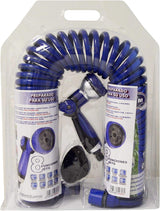590078 – Spiralslangsats, blå, 15 meter (diameter 9 mm) + multifunktionspistol med 8 munstycken + automatisk invändig gänga med ¾-½ adapter + 2 snabbkopplingar + upphängningsfäste