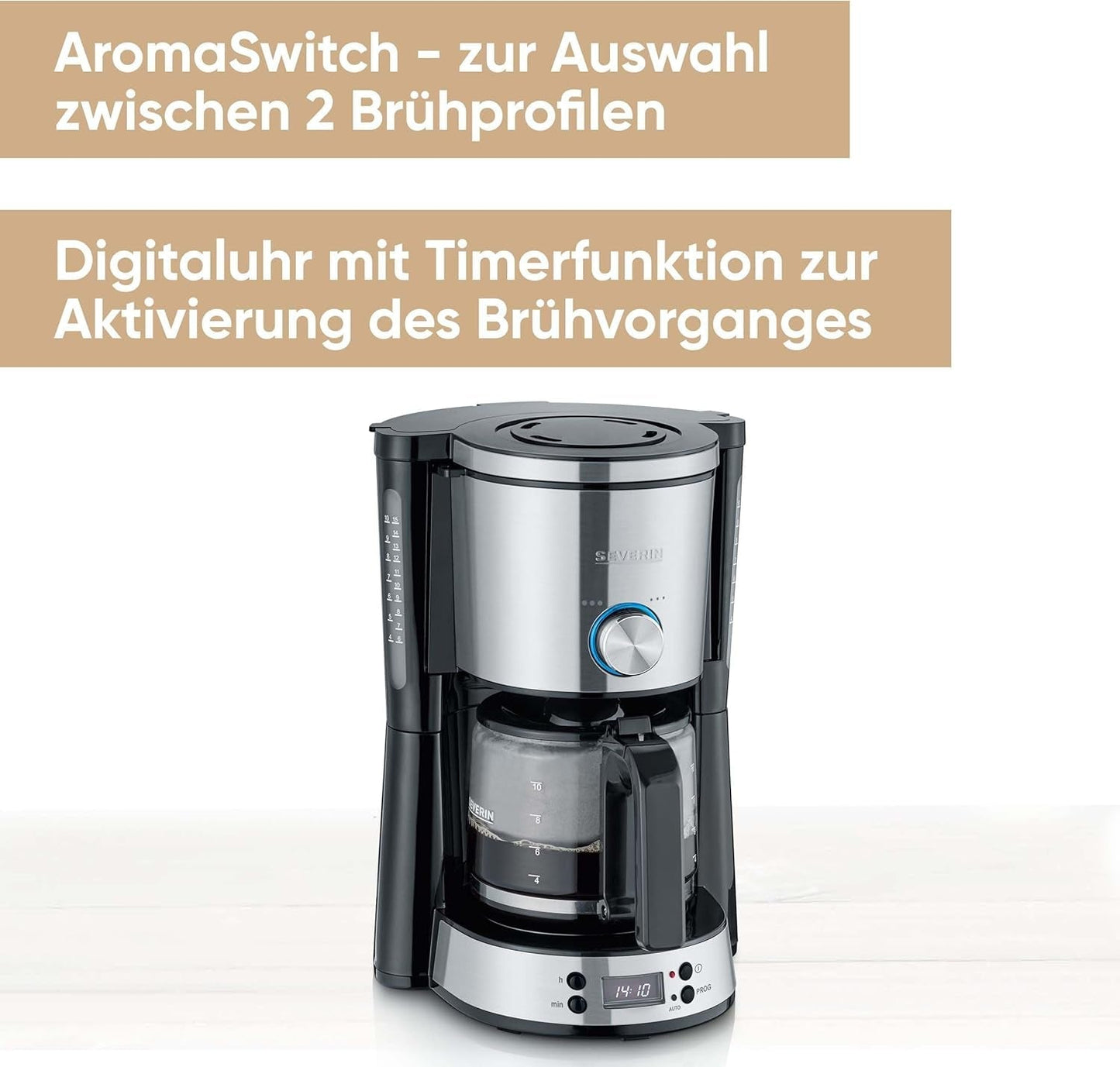 SEVERIN "TypeSwitch" espressomaskin med glaskaraff och timer, AromaSwitch för att välja 2 bryggalternativ, digital klocka med timerfunktion, för upp till 10 koppar, 1000W, borstat rostfritt stål-svart, KA 4826
