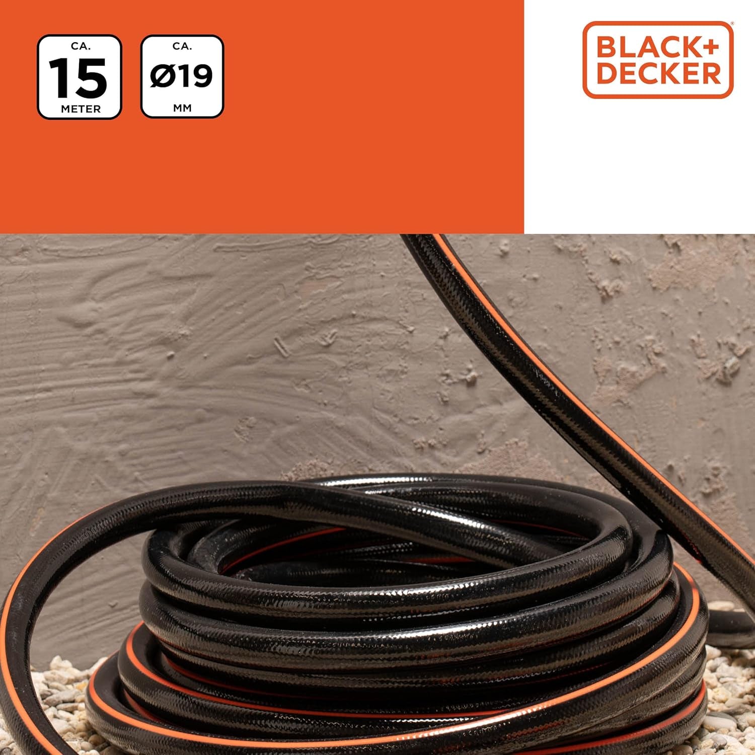 BLACK+DECKER Trädgårdsslang 15 meter - Ø19MM - Slitstark PVC - Vattna trädgården, tvätta bilen, fylla poolen - Kompatibel med alla vanliga kranar - Svart/Orange