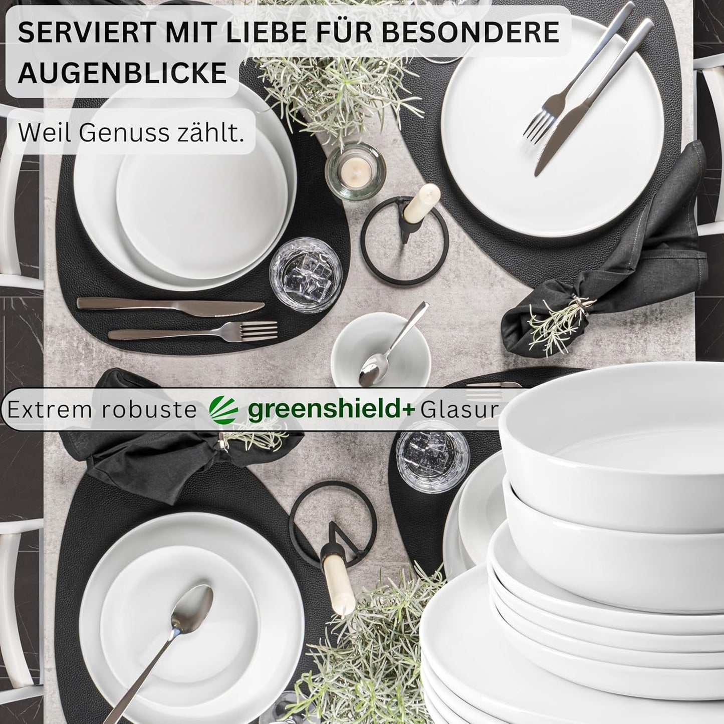 SANGER | Marlo White servisset 24-delat servisset för 6 personer med desserttallrikar, mattallrikar, skålar och spannmålsskålar Porslinsmattallrikset serviser Modern design PREMIUM KOLLEKTION
