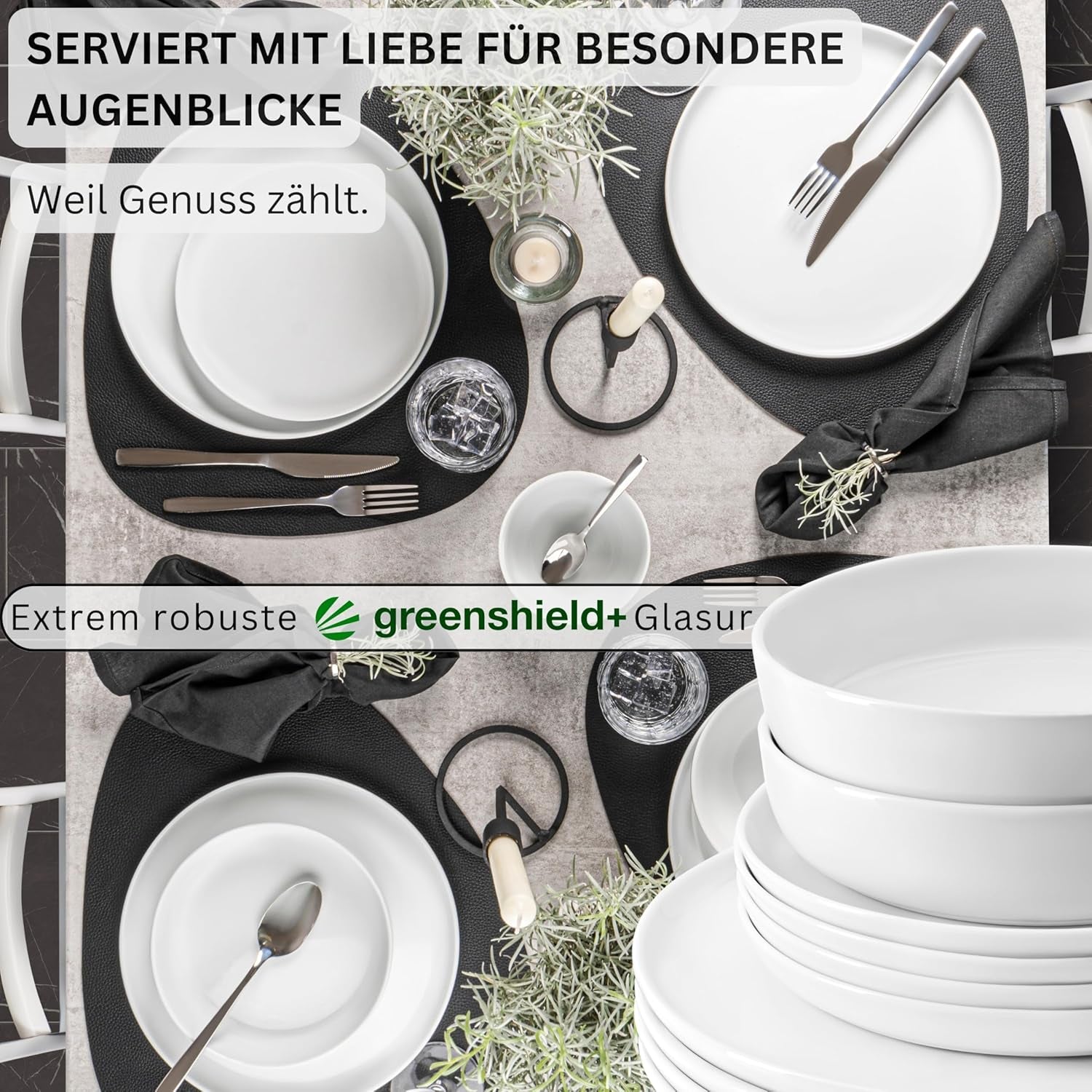SANGER | Marlo White servisset 24-delat servisset för 6 personer med desserttallrikar, mattallrikar, skålar och spannmålsskålar Porslinsmattallrikset serviser Modern design PREMIUM KOLLEKTION