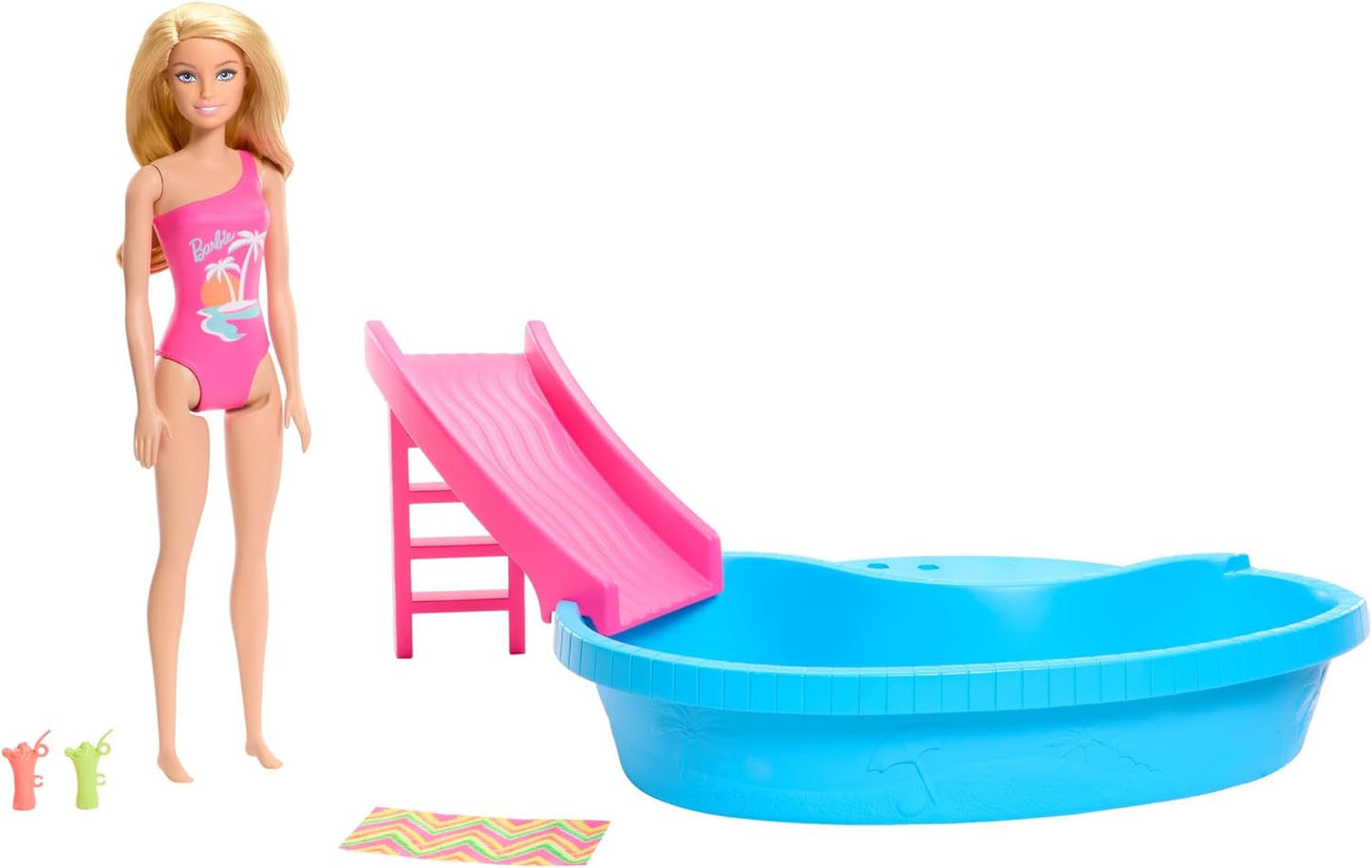 Barbiedocka och tillbehör - pool med rutschkana och tillbehör för timmar av nöje i solen, rosa baddräkt med tropisk design, för barn från 3 år och uppåt, HRJ74