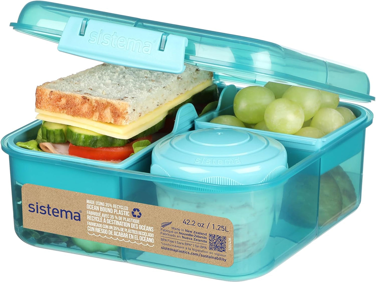 Bento Box TO GO matlådesystem med fack | 1,25 L matlåda med yoghurt/fruktbehållare | för barn och vuxna l | BPA-fri Minty Teal [21685-8T], mintgrön Matförvaringslådor Naty Shop Mintgrön (återvunnen plast) 1,25 L