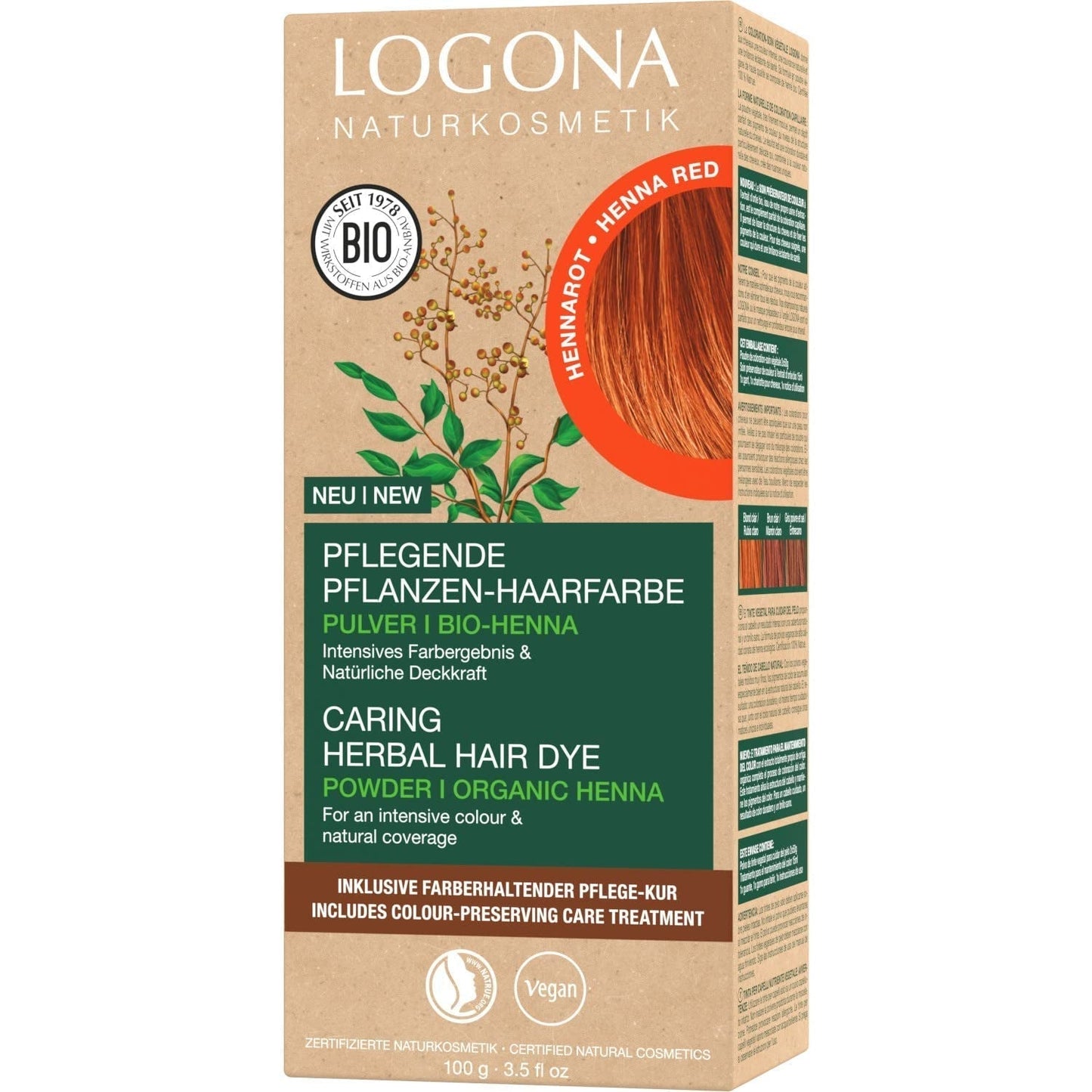 LOGONA Natural Cosmetics Örtvårdande hårfärgningsmedel, organiskt hennapulver Vegansk hårfärg för intensiv färg och glans, örtfärgat hårfärg i kopparblond (blond), 1 x 100 g Naty Shop Red Henna Hårfärg 100G (1 förpackning)
