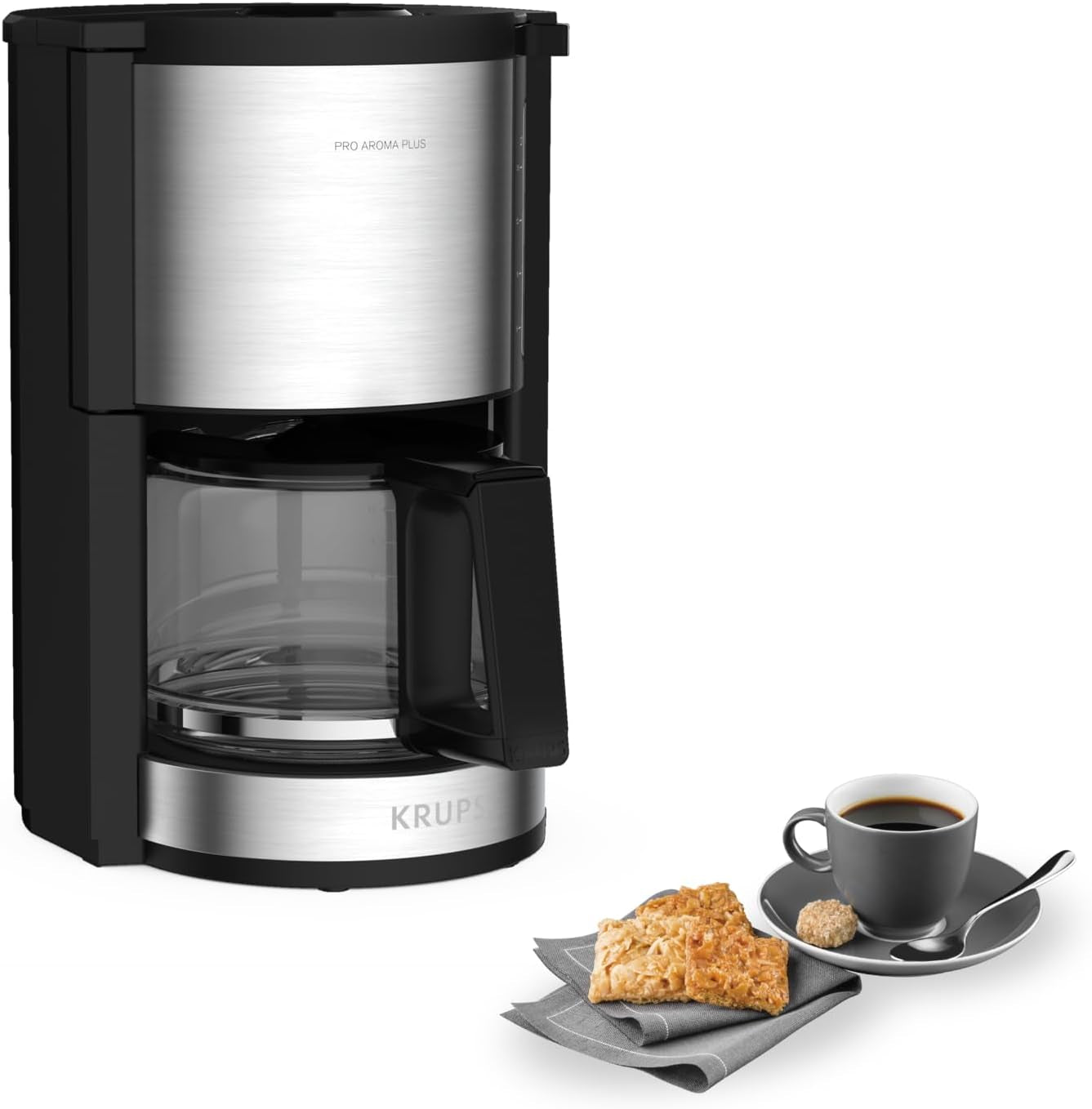 Krups KM3210 Pro Aroma Plus Espressomaskin, 10 koppar, 1,25 L, Håll värmen i 30 minuter, Synligt vattennivåfönster, Anti-droppsystem, Svart med applikationer i rostfritt stål