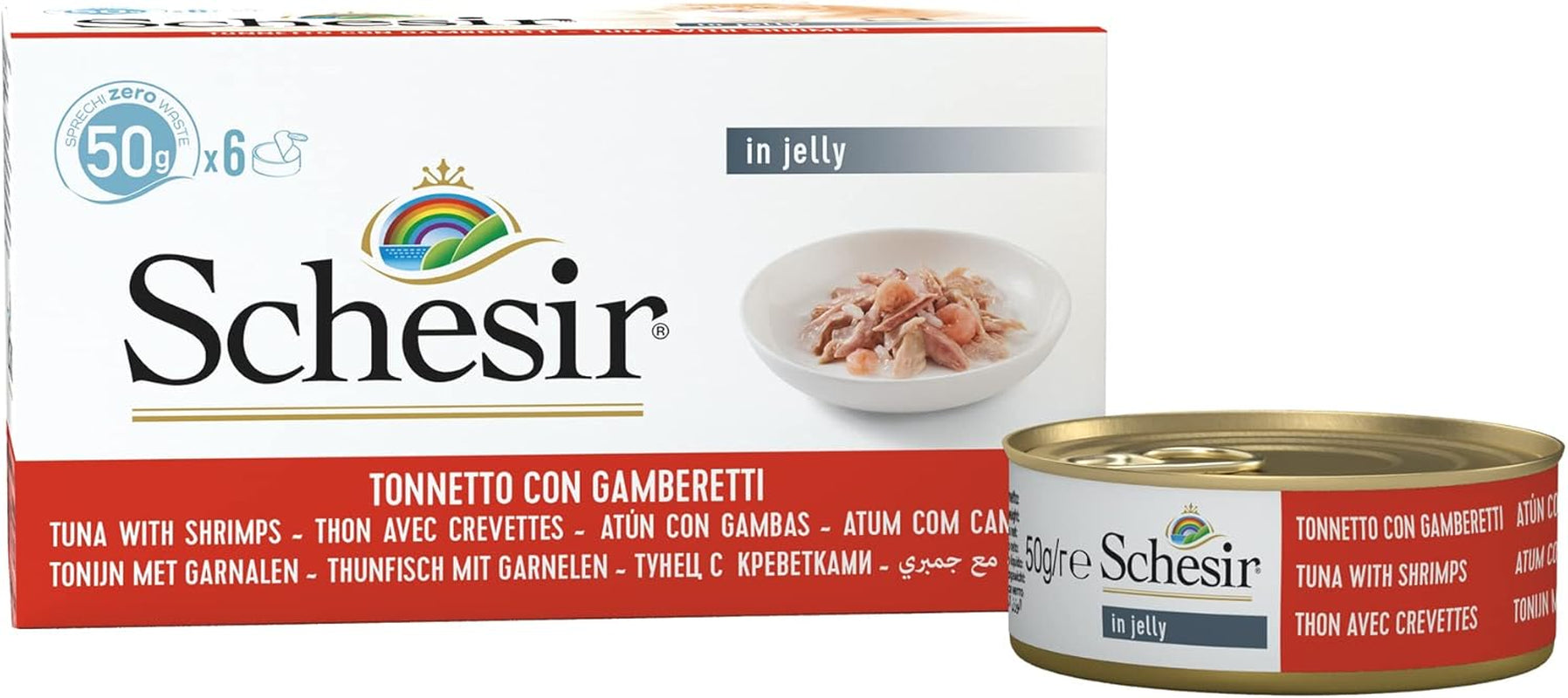 Tonfisk räkor gelé för katter, blöt kattmat i gelé, 8 x 6 burkar x 50 g