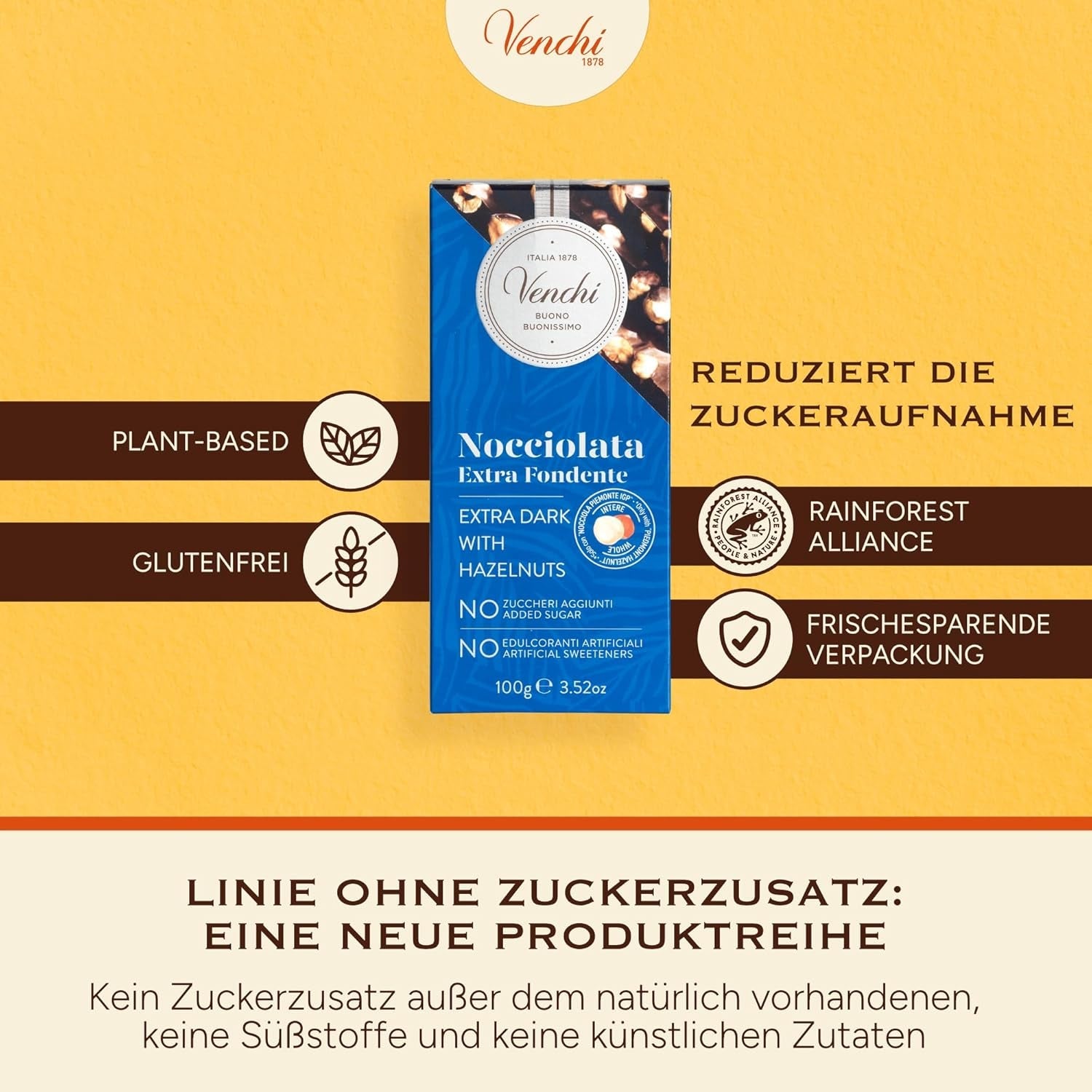Venchi - Paket med 6 mörka chokladkakor med hasselnötter, 600g - Inget tillsatt socker - Inga konstgjorda sötningsmedel - Glutenfri - Vegansk - Presentidé