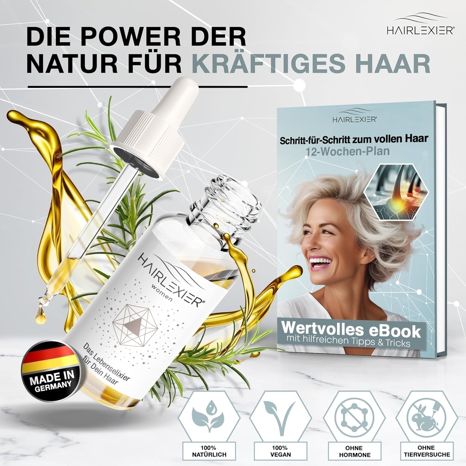 Hairlexier Hair Growth Remedy for Women - Rosmarin Hårolja, Ricinolja Hårolja, Lavendelolja, Naturligt hårserum mot diffust håravfall, Stödjer hårväxt, Vegansk & Ekologisk + Arbetsbok Hårvård Naty Shop