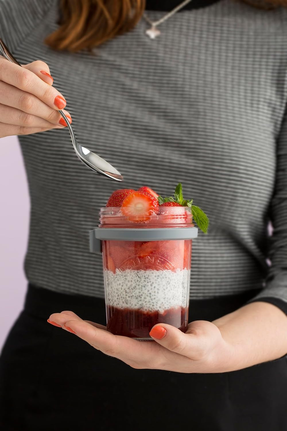 Kilner frukostburk med sked / 350 ml, Ø 9,5 cm / 5 st | takeaway müslikopp / giftfri / glasbehållare med lock för müsli, gröt och yoghurt / havrebehållare över natten Naty Shop Matförvaringslådor