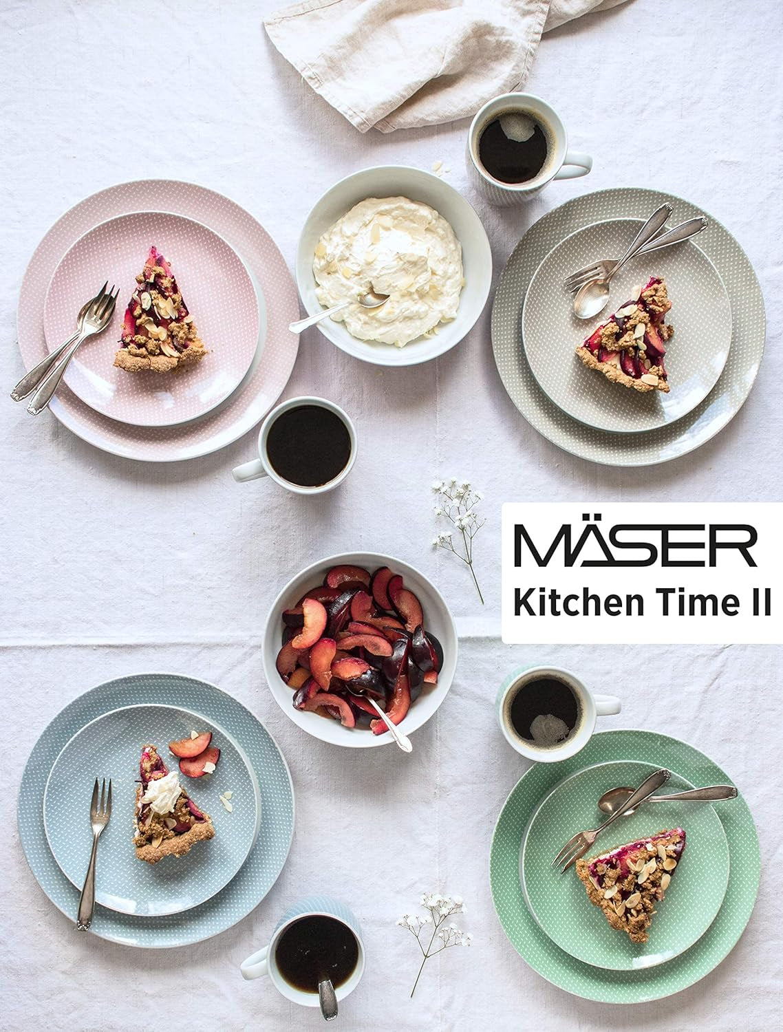 MÄSER Kitchen Time II, Servisset för 4, Kombinationsservice med 16 stycken i pastellfärger med subtilt mönster, Porslin, Rosa