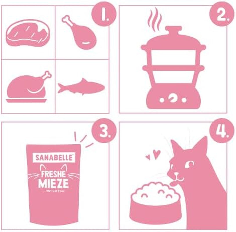 Sanabelle Freshe Mieze - Mixtray | 10 x 100g Mixpack | 4 läckra sorter av kattmat att prova | Ångad våt kattmat, precis som nykokt