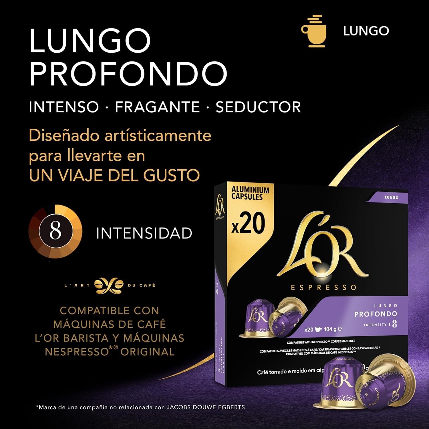 L'OR Espresso Koffiekoppar Lungo Profondo (200 Lungo Koffie Kapslar, Gesicht voor Nespresso* Koffiemaskiner, Intensitet 08/12, 100 % Arabica Koffie, UTZ Gecertificeerd), 10 x 20 koppar