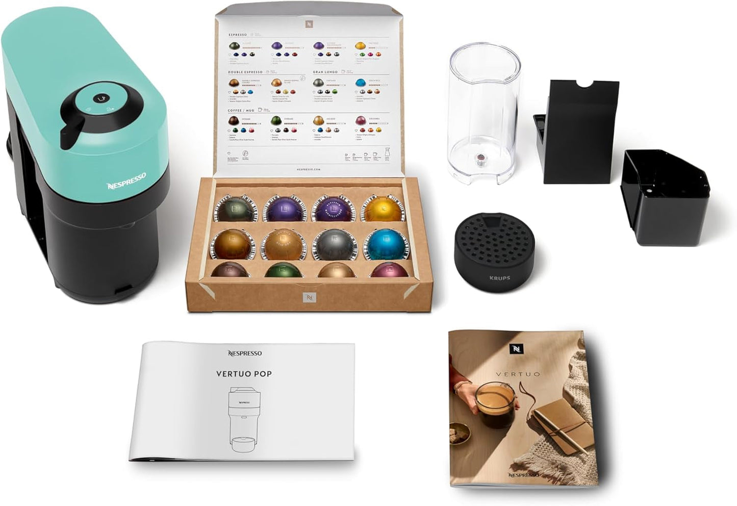 Espressomaskin med Nespresso Krups Vertuo Pop-kapslar, kapacitet: 560 ml, automatisk kapseligenkänning, one-touch-system, 4 koppstorlekar, förkortad uppvärmningstid, hållbar, Aqua Mint, XN9204
