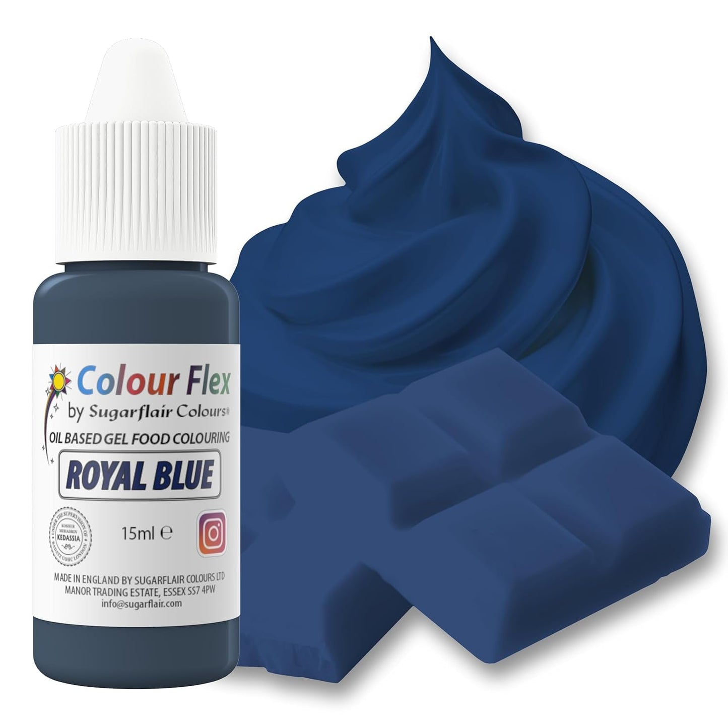 Sugarflair Colourflex oljebaserad livsmedelsfärg, kunglig blå, högkoncentrerad flytande livsmedelsfärg, matfärg för smörkräm, choklad, deg, fondant, glasyr och mer - 15 ml