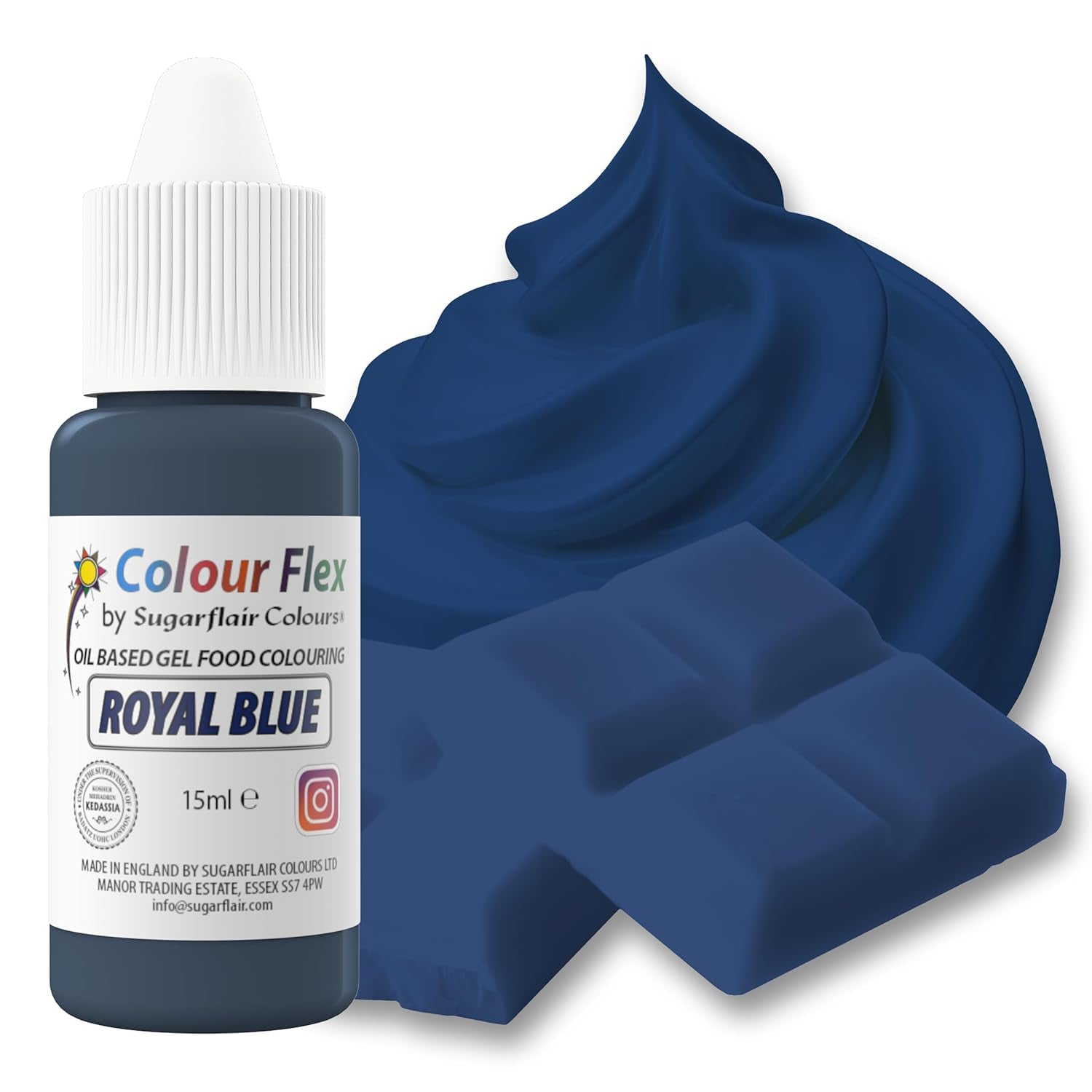 Sugarflair Colourflex oljebaserad livsmedelsfärg, kunglig blå, högkoncentrerad flytande livsmedelsfärg, matfärg för smörkräm, choklad, deg, fondant, glasyr och mer - 15 ml