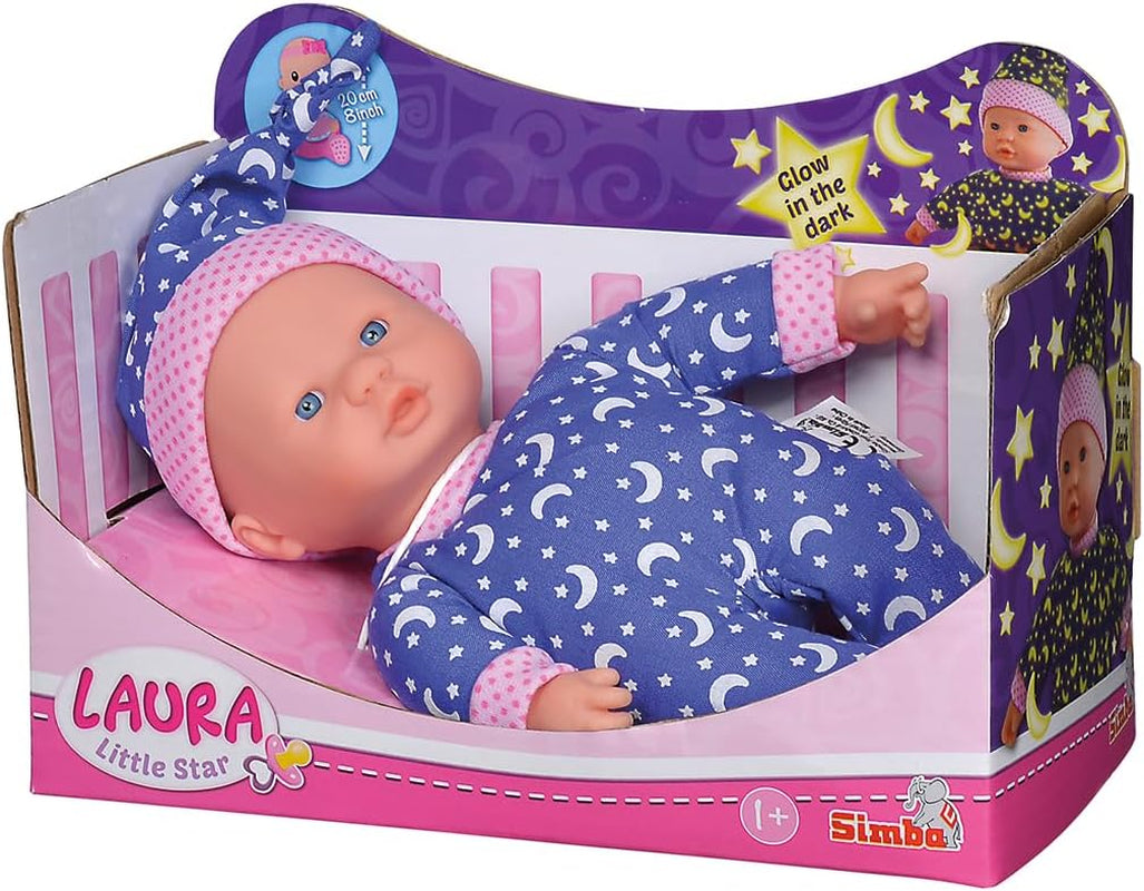 Simba 105010010 - Laura Little Star Soft Body Doll i en söt klänning och Glowing Moon and Stars Hatt 20cm Glowing Baby Doll från 12 månader