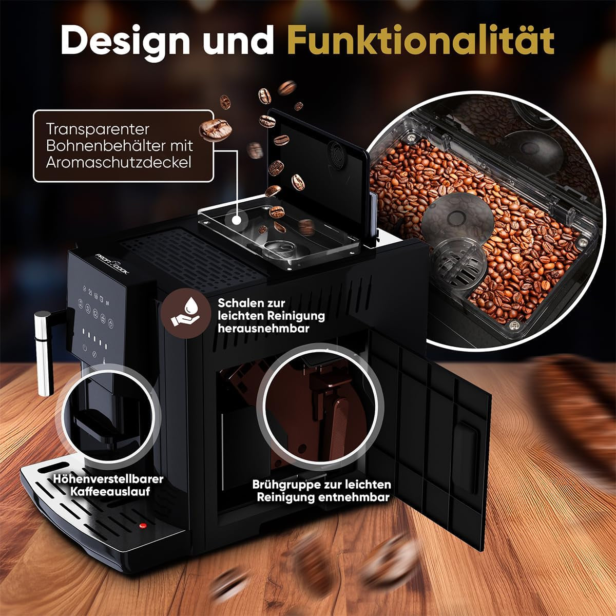 Helautomatisk ProfiCook® espressomaskin med mjölkskummare för cappuccino | Konisk slipmaskin | med koppvärmefunktion | Italiensk professionell pump | Pekskärm | Espresso | PC KAV 1281