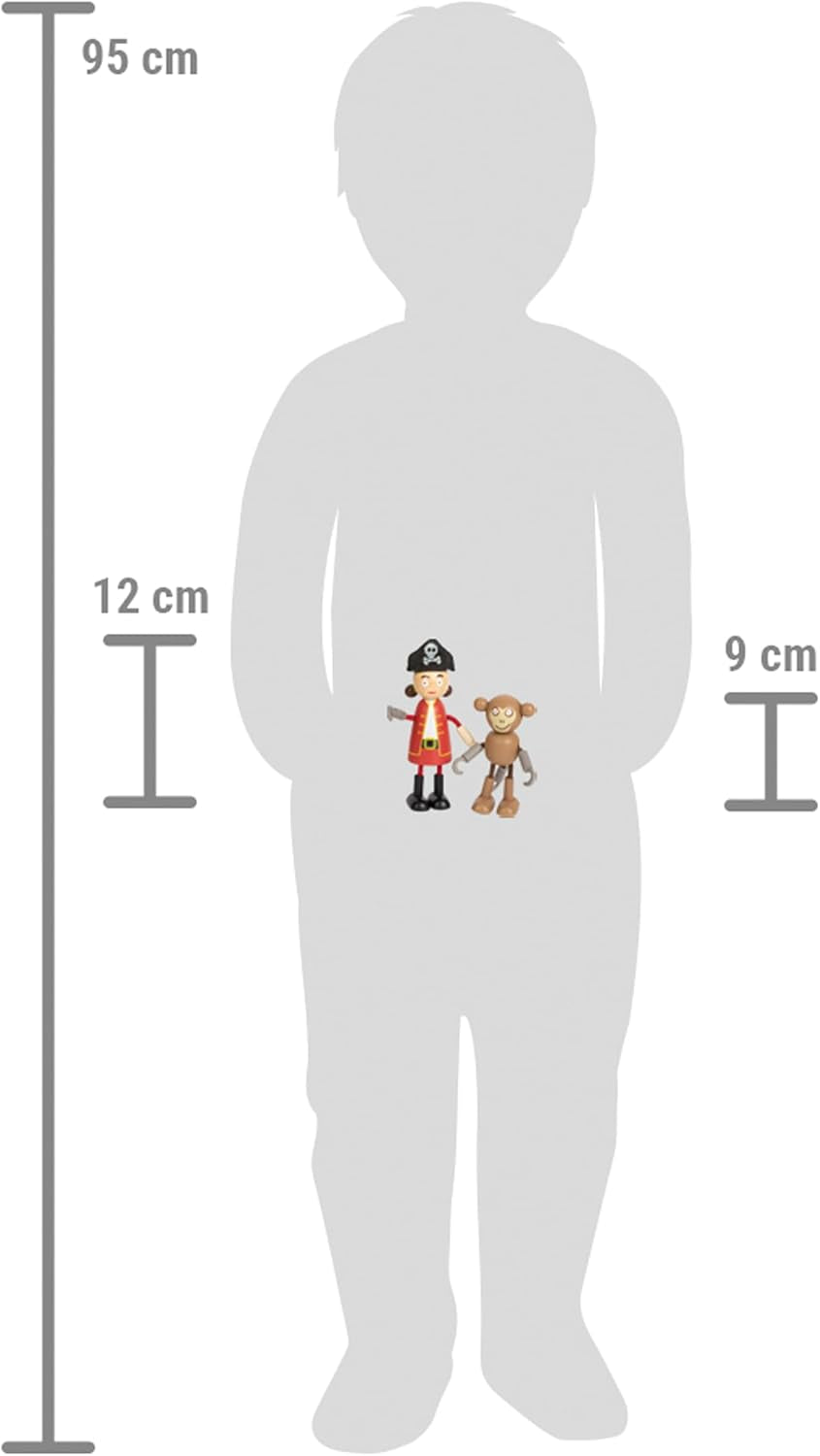 Små fots flexibla piratdockor i trä, 5 pirater och 1 apa, detaljerade och flexibla, 3+, 12412