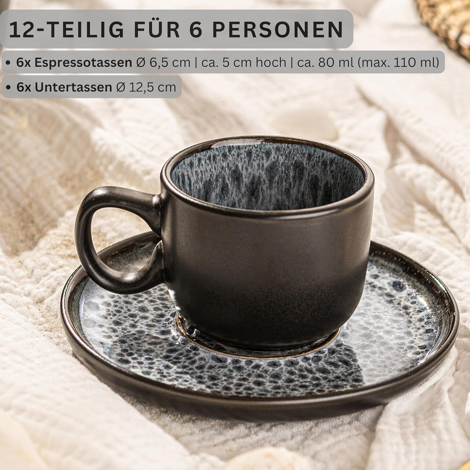 SANGER Sydney | Keramiska espressokoppar med 12 st, mockakoppar för 6, koppar och fat, diskmaskin och mikrovågssäker, mörkgrå, 80 ml | VÄRDESAMLING