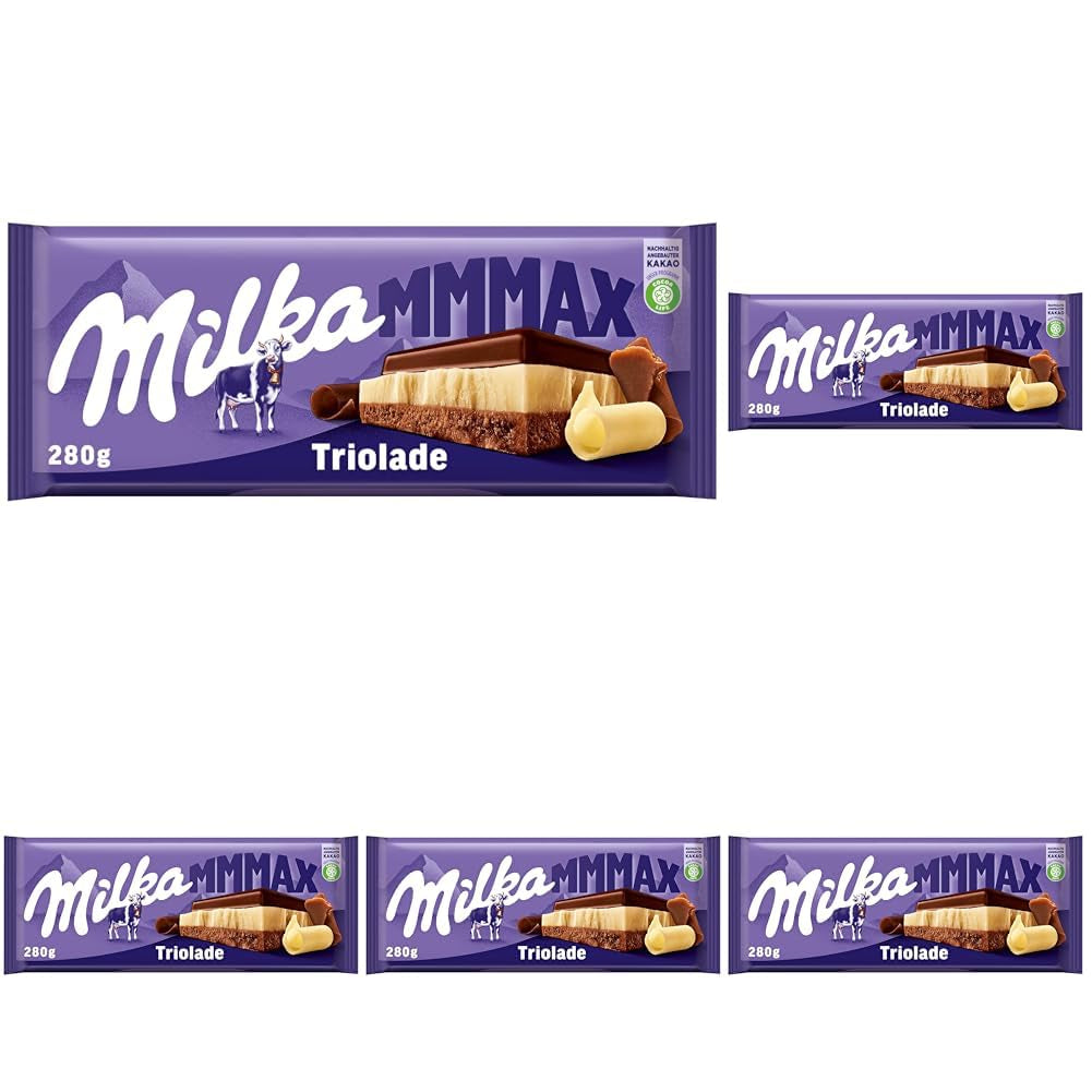 Milka Triolad 1 x 280g | Stor chokladkaka med tre lager | Alpin mjölkchoklad, vit och mörk choklad | Milka choklad från 100% alpin mjölk | Chokladkakor (pack om 5)
