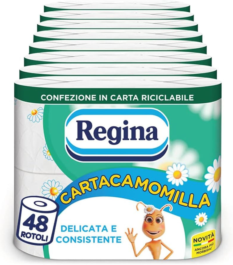 Regina Cartacamomilla - 8 rullar toalettpapper, 300 fluffiga ark, 3 lager, mjukt och fast, återvinningsbart pappersförpackning