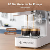 AMZCHEF 20 bars espressomaskin, LED-skärm, professionell mjölkskummare och ånglans av rostfritt stål, 1,5 l avtagbar tank, 1350 W snabbuppvärmning, vit