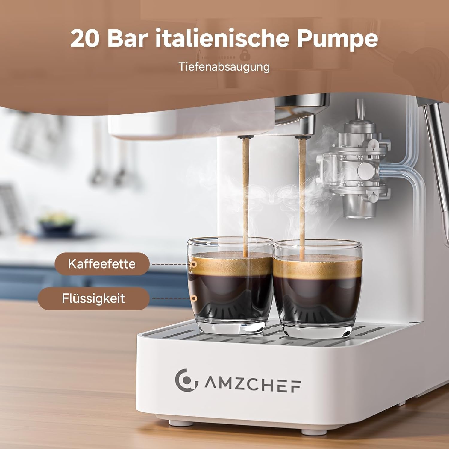 AMZCHEF 20 bars espressomaskin, LED-skärm, professionell mjölkskummare och ånglans av rostfritt stål, 1,5 l avtagbar tank, 1350 W snabbuppvärmning, vit
