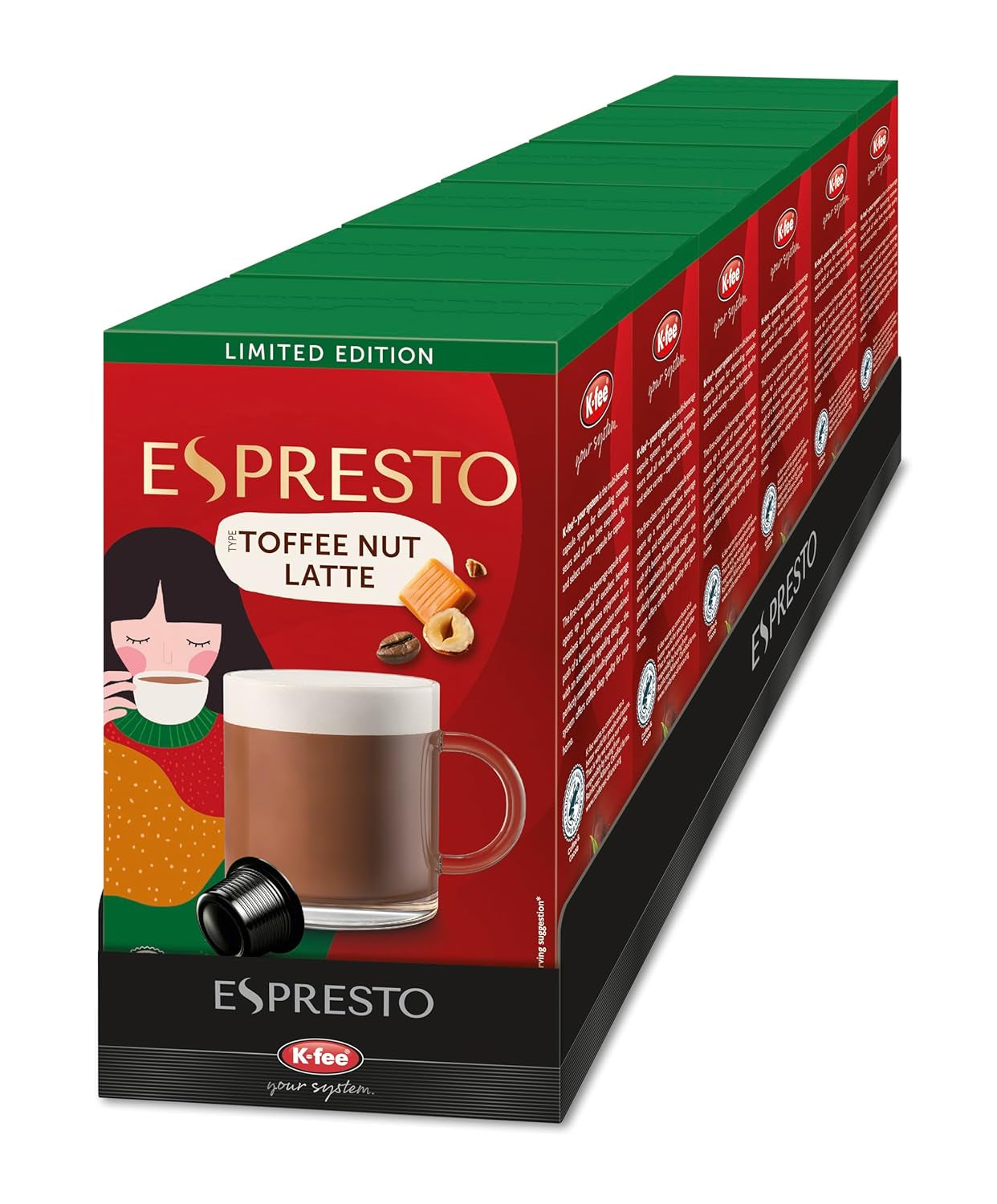 ESPRESTO Toffee Nut Latte, kompatibel med K-fee & ALDI EXPRESSI*, smaksatt mjölkkaffe, RFA-certifierad, 96 kapslar